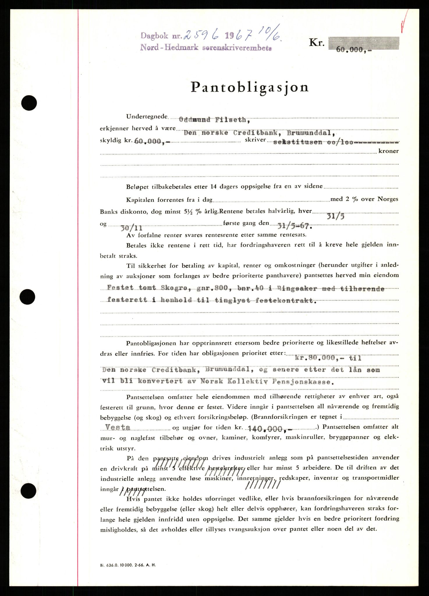 Nord-Hedmark sorenskriveri, SAH/TING-012/H/Hb/Hbf/L0071: Mortgage book no. B71, 1967-1967, Diary no: : 2596/1967