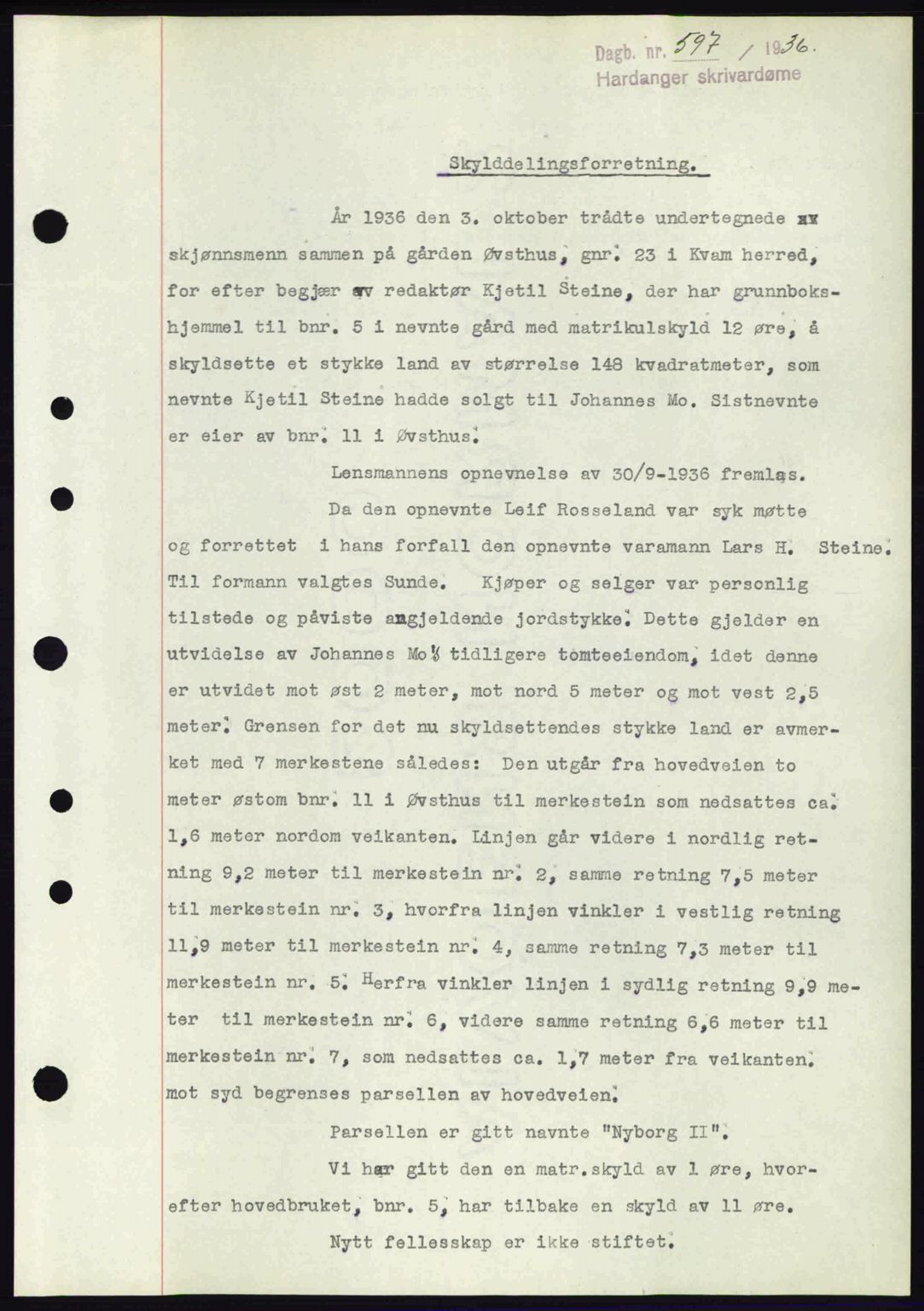 Hardanger sorenskriver, AV/SAB-A-2101/G/Ge/Gec/L0001: Mortgage book no. A1, 1936-1936, Diary no: : 597/1936