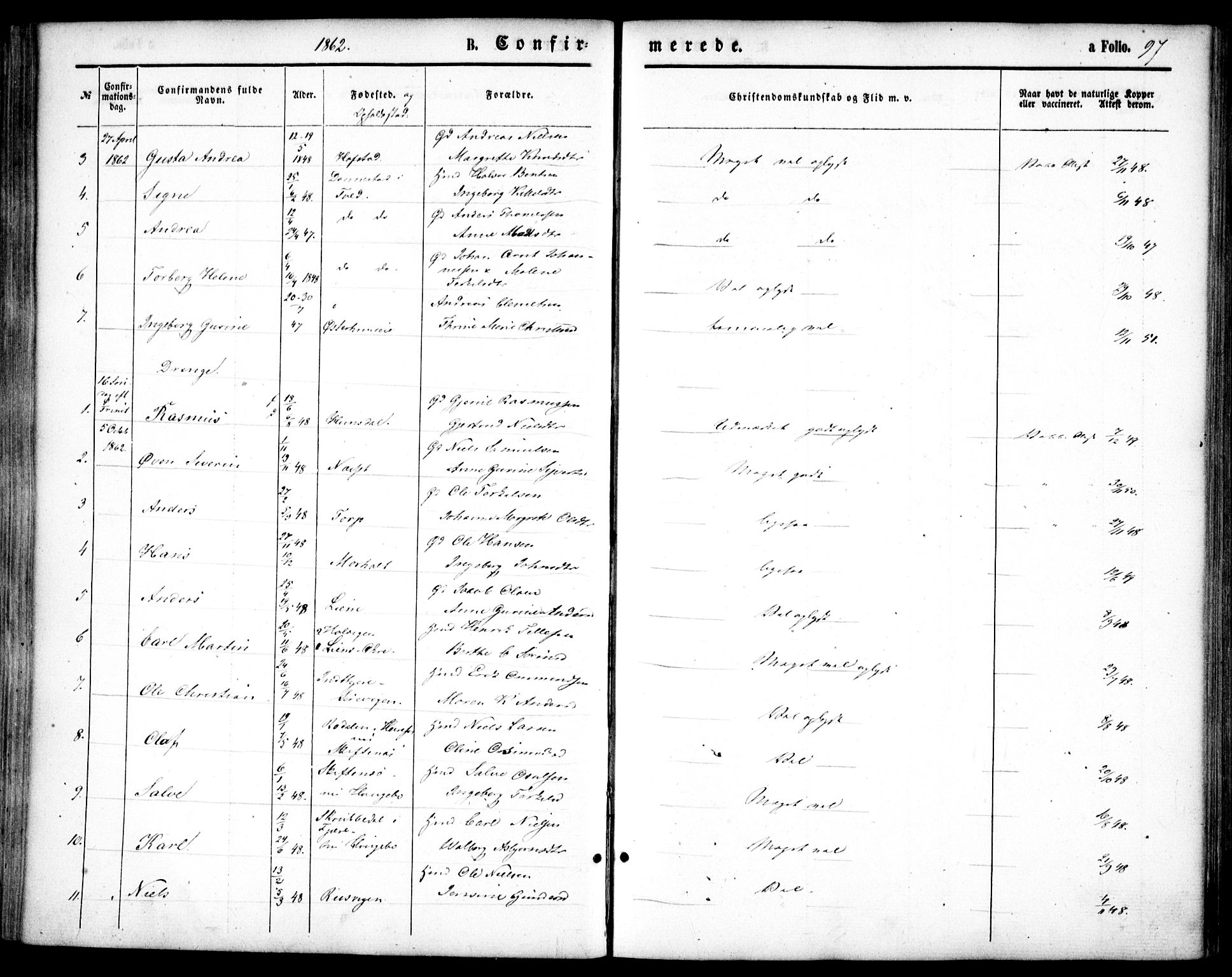 Hommedal sokneprestkontor, AV/SAK-1111-0023/F/Fa/Fab/L0005: Parish register (official) no. A 5, 1861-1877, p. 97