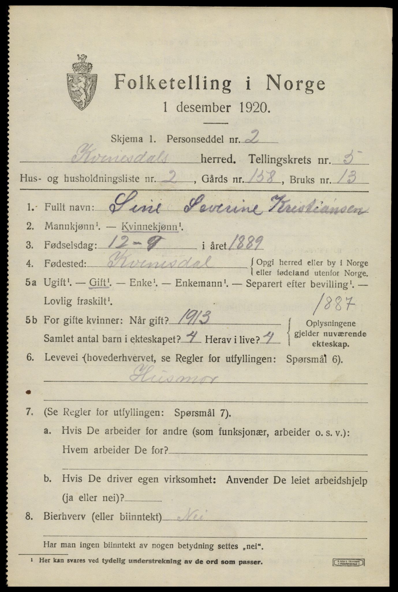 SAK, 1920 census for Kvinesdal, 1920, p. 5721