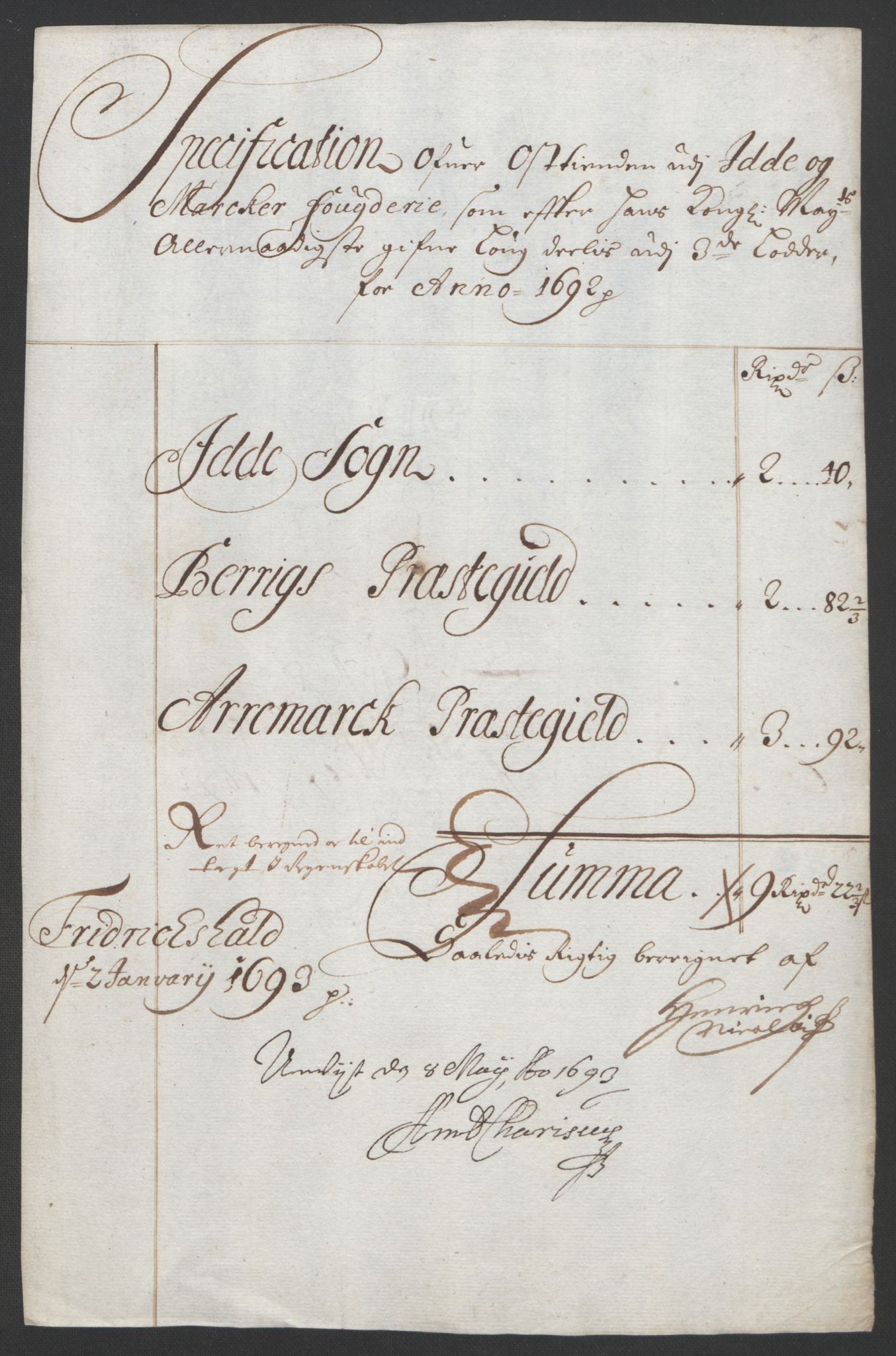 Rentekammeret inntil 1814, Reviderte regnskaper, Fogderegnskap, AV/RA-EA-4092/R01/L0011: Fogderegnskap Idd og Marker, 1692-1693, p. 52