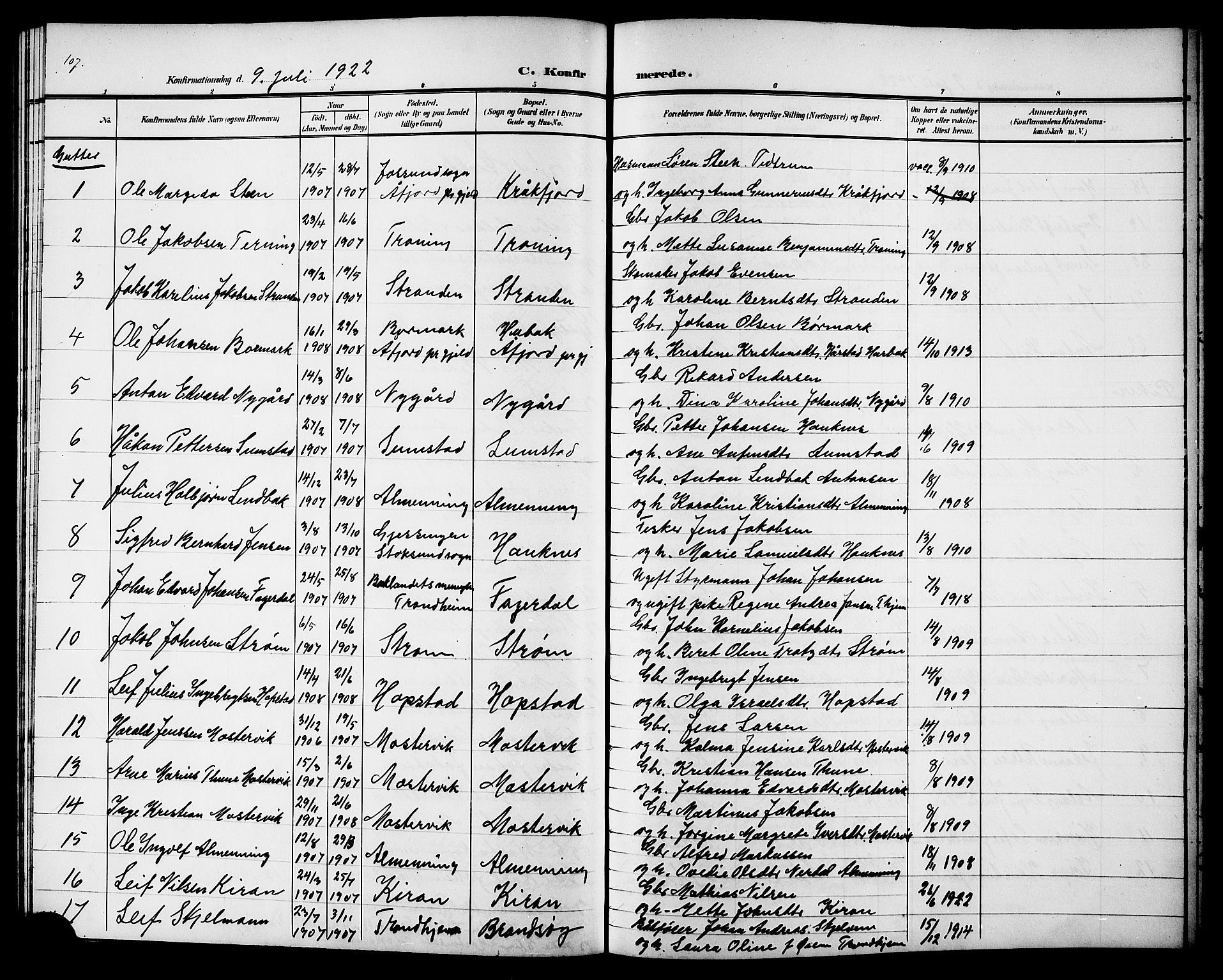 Ministerialprotokoller, klokkerbøker og fødselsregistre - Sør-Trøndelag, SAT/A-1456/657/L0717: Parish register (copy) no. 657C04, 1904-1923, p. 107