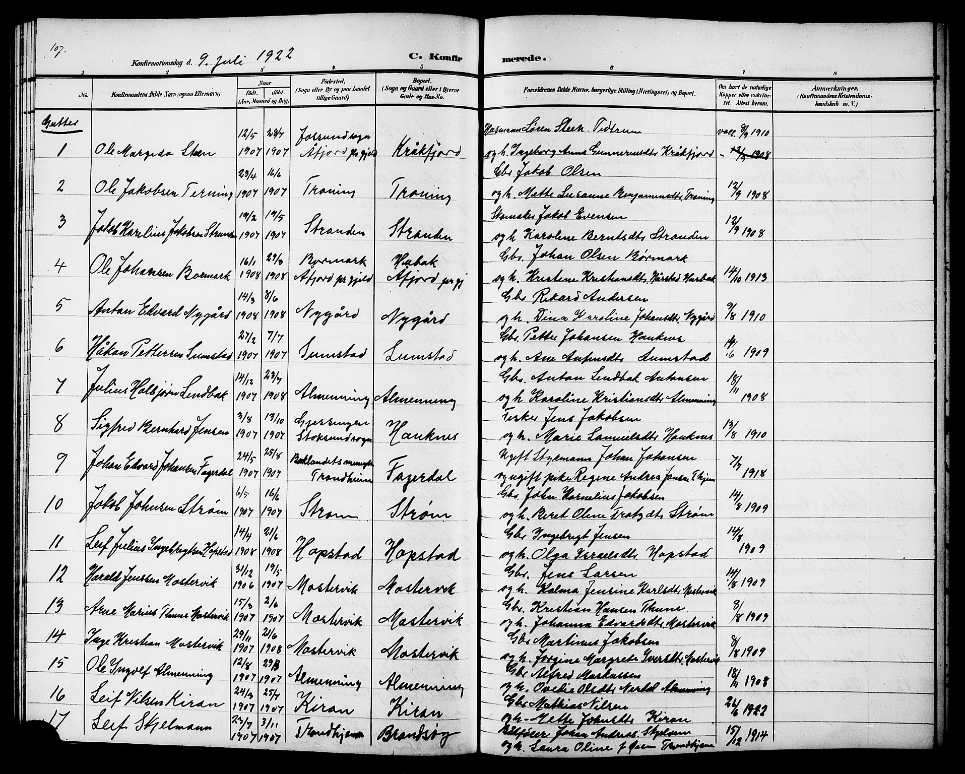 Ministerialprotokoller, klokkerbøker og fødselsregistre - Sør-Trøndelag, AV/SAT-A-1456/657/L0717: Parish register (copy) no. 657C04, 1904-1923, p. 107