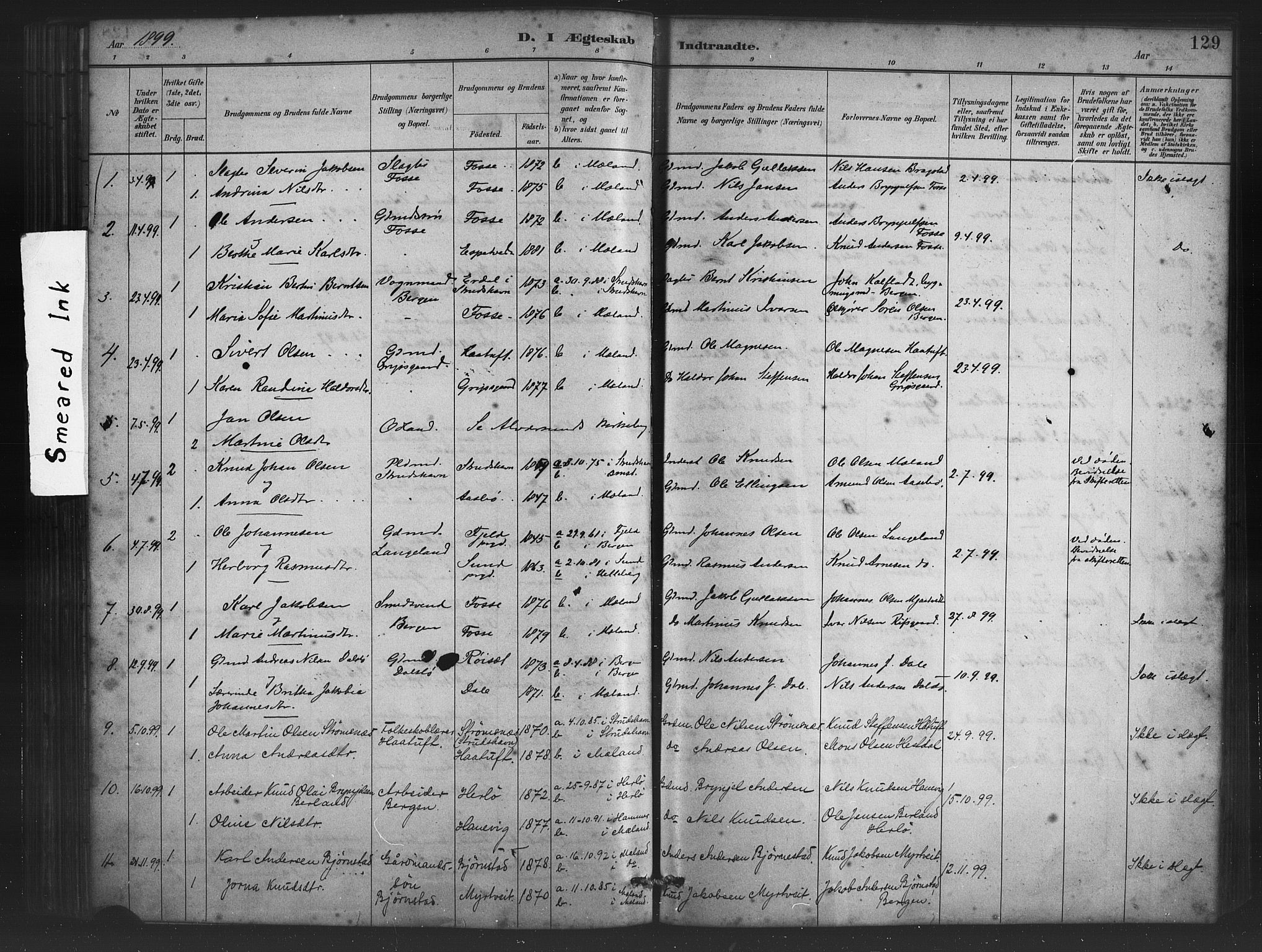 Alversund Sokneprestembete, SAB/A-73901/H/Ha/Haa/Haac/L0001: Parish register (official) no. C 1, 1882-1900, p. 129