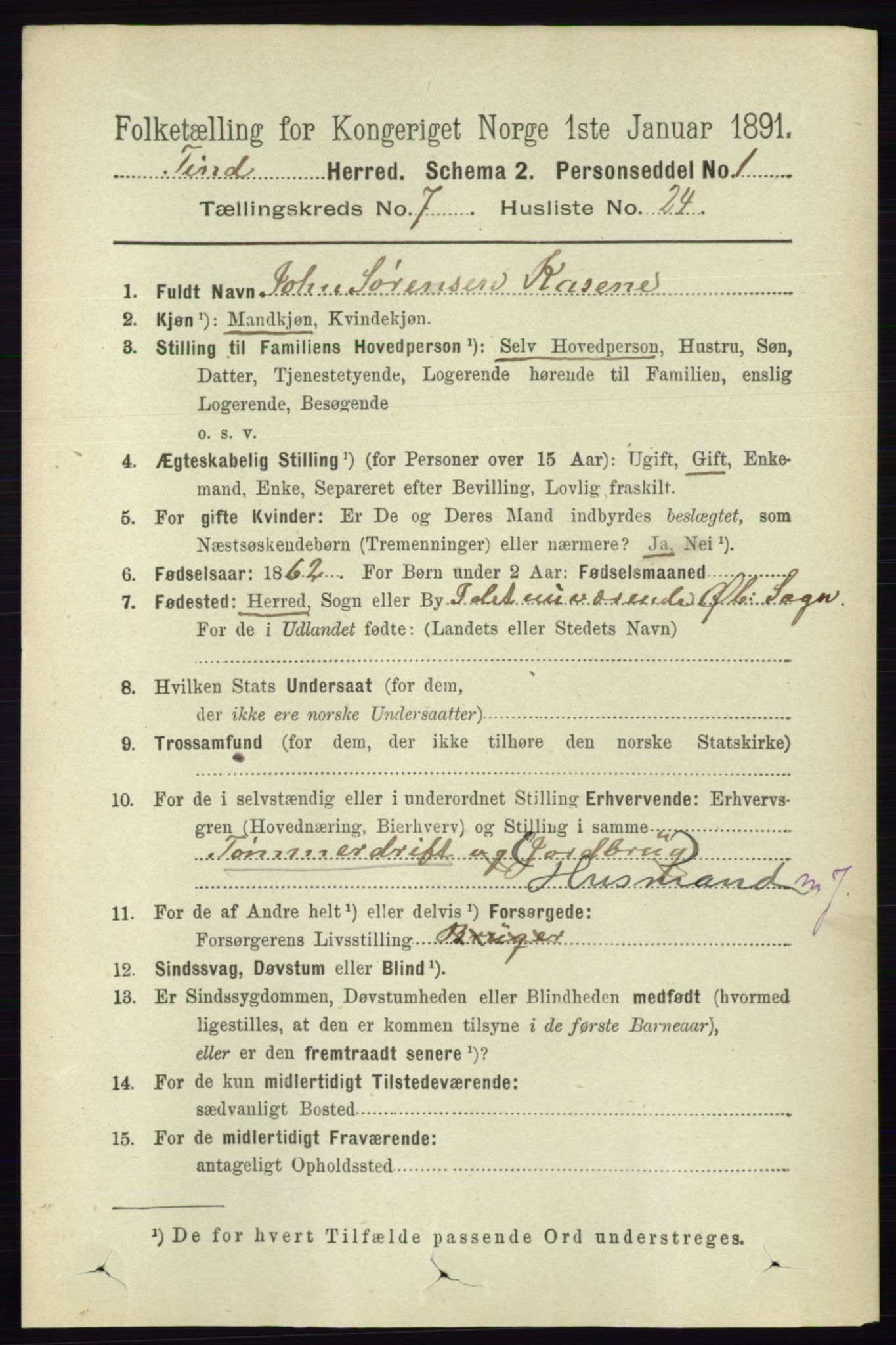RA, 1891 census for 0826 Tinn, 1891, p. 1549