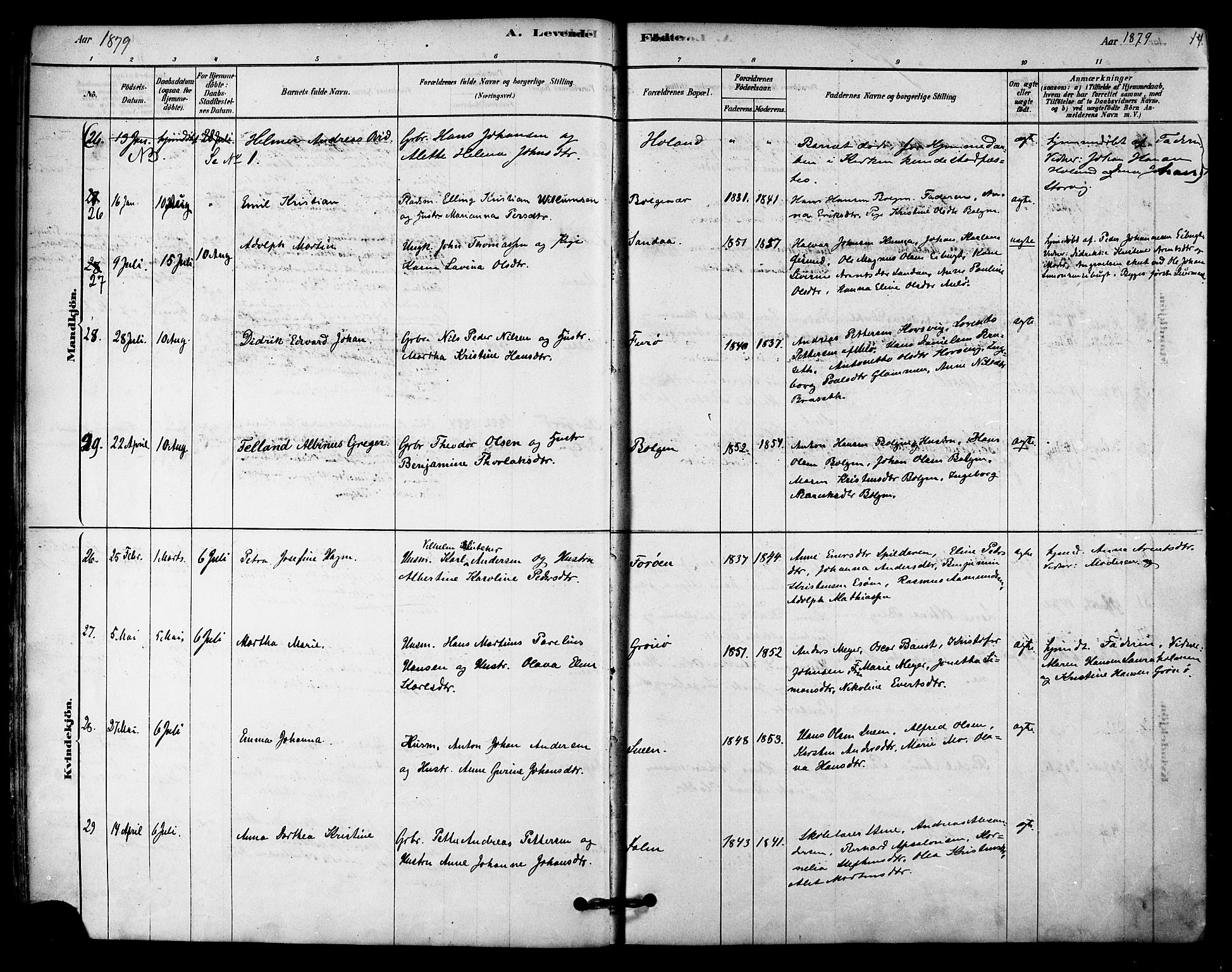 Ministerialprotokoller, klokkerbøker og fødselsregistre - Nordland, AV/SAT-A-1459/843/L0626: Parish register (official) no. 843A01, 1878-1907, p. 14