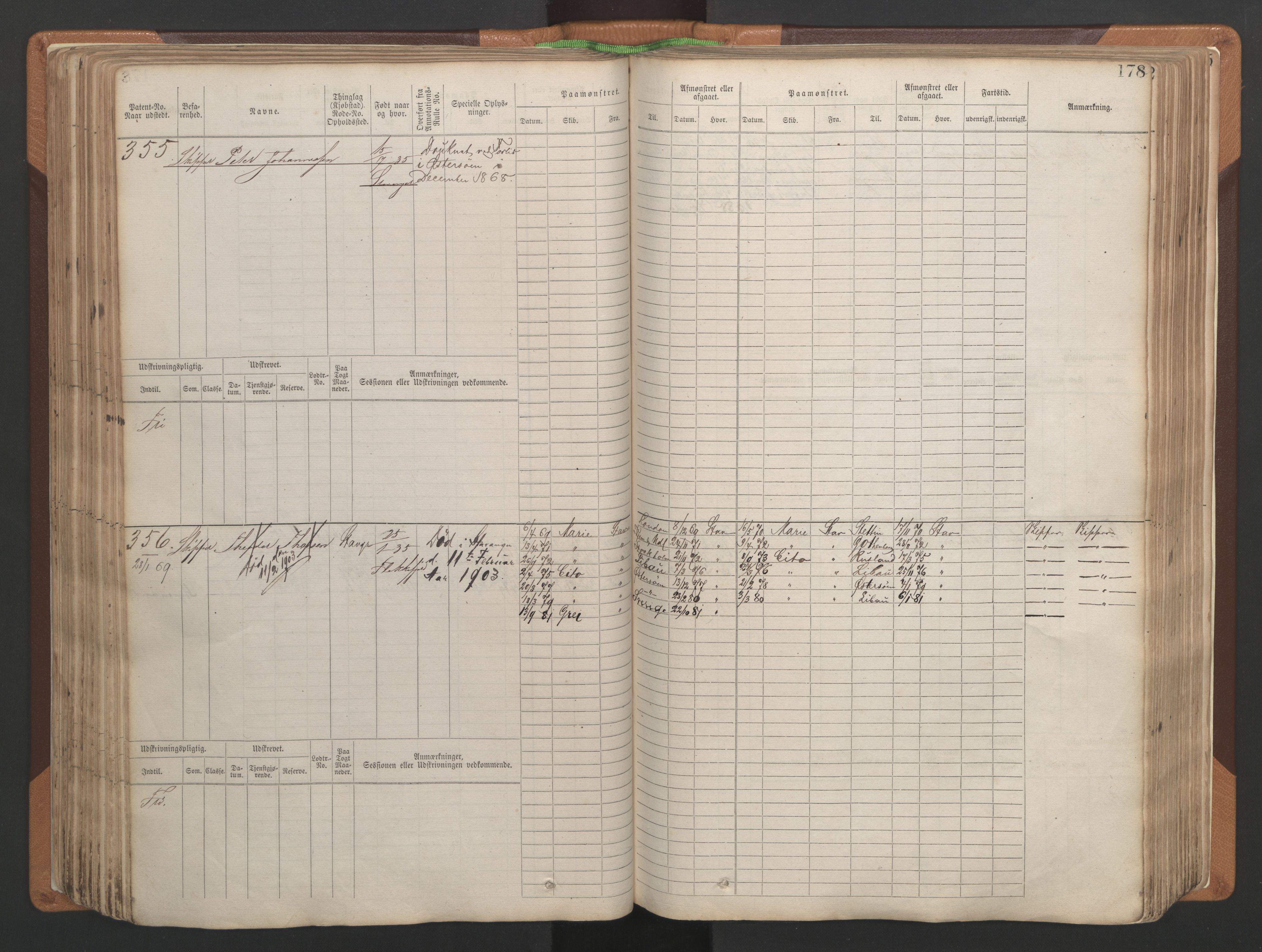 Stavanger sjømannskontor, AV/SAST-A-102006/F/Fb/Fbb/L0004: Sjøfartshovedrulle, patentnr. 1-792 (del 1), 1869-1880, p. 182