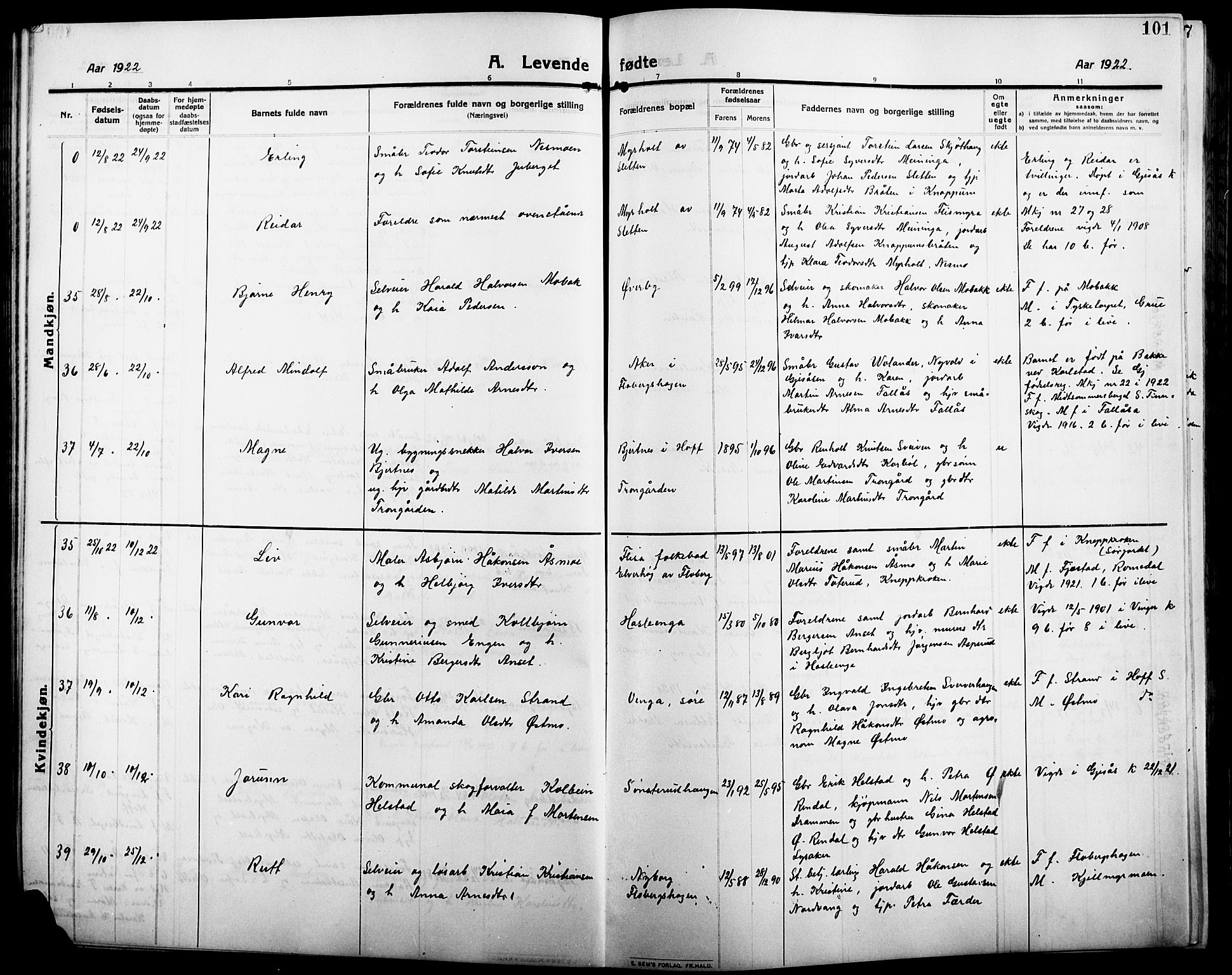 Åsnes prestekontor, AV/SAH-PREST-042/H/Ha/Hab/L0007: Parish register (copy) no. 7, 1909-1926, p. 101