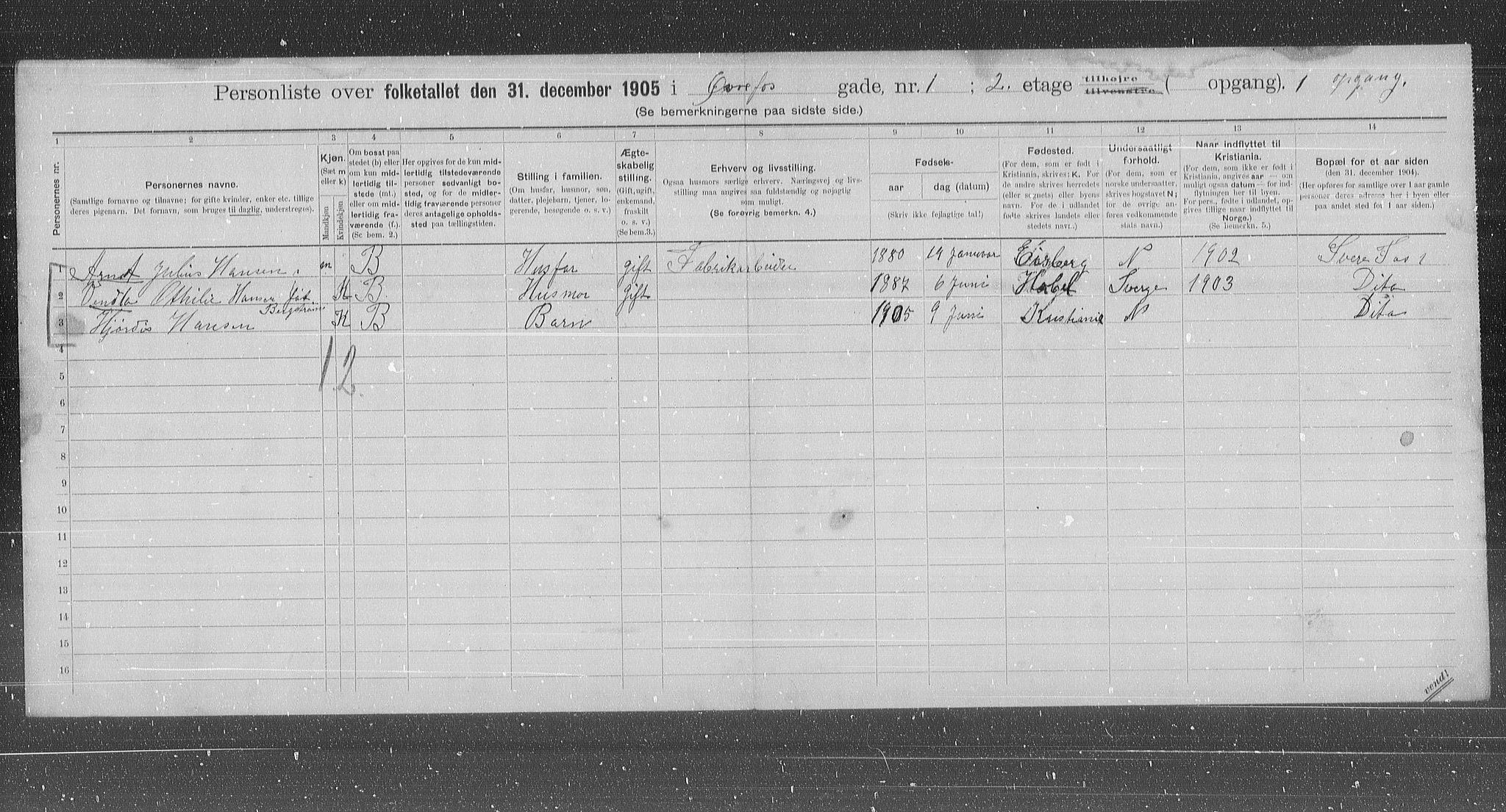 OBA, Municipal Census 1905 for Kristiania, 1905, p. 68066