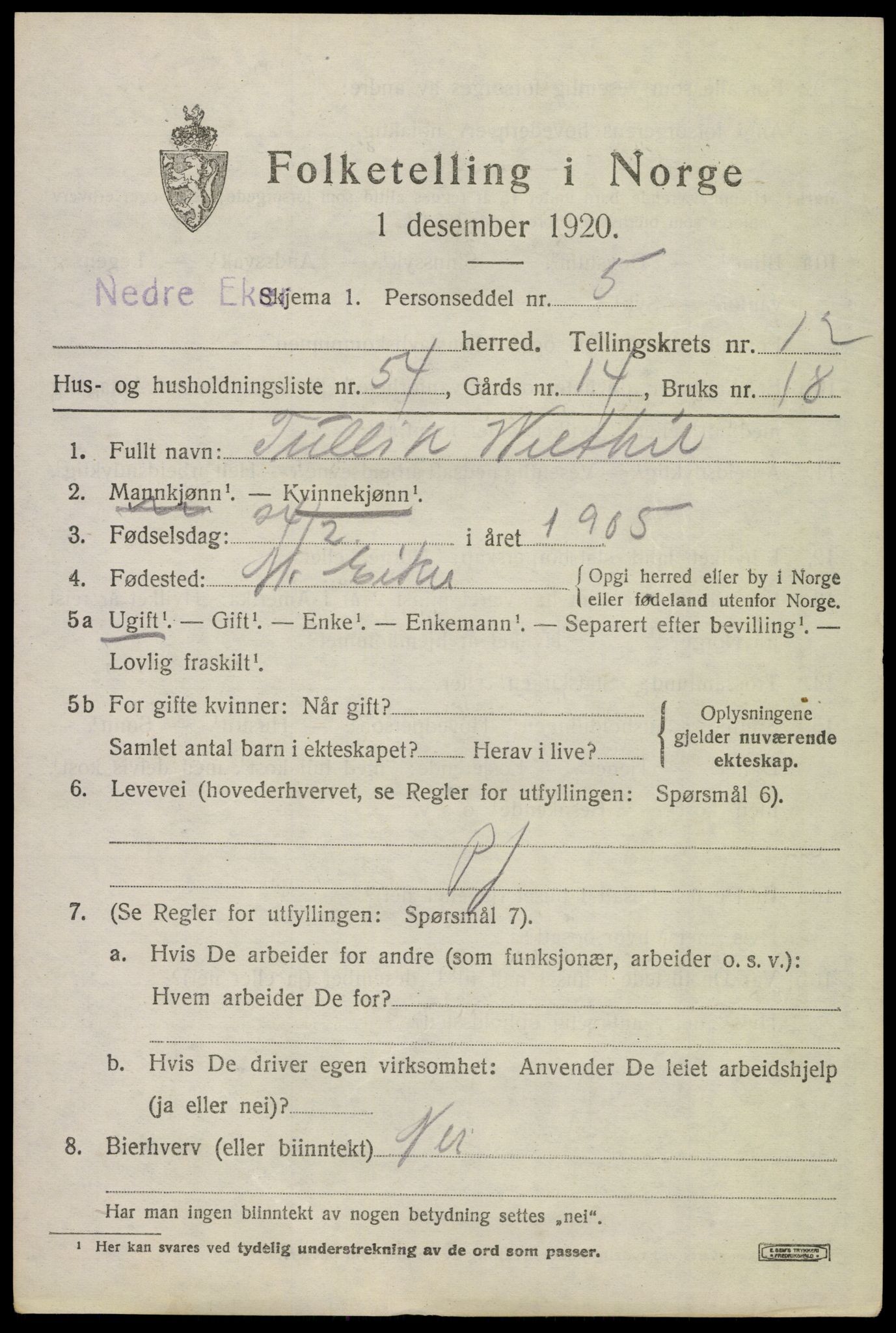 SAKO, 1920 census for Nedre Eiker, 1920, p. 13761