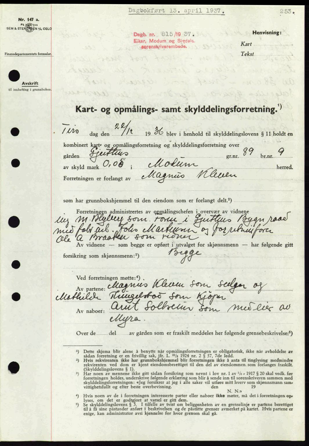 Eiker, Modum og Sigdal sorenskriveri, SAKO/A-123/G/Ga/Gab/L0035: Mortgage book no. A5, 1937-1937, Diary no: : 815/1937