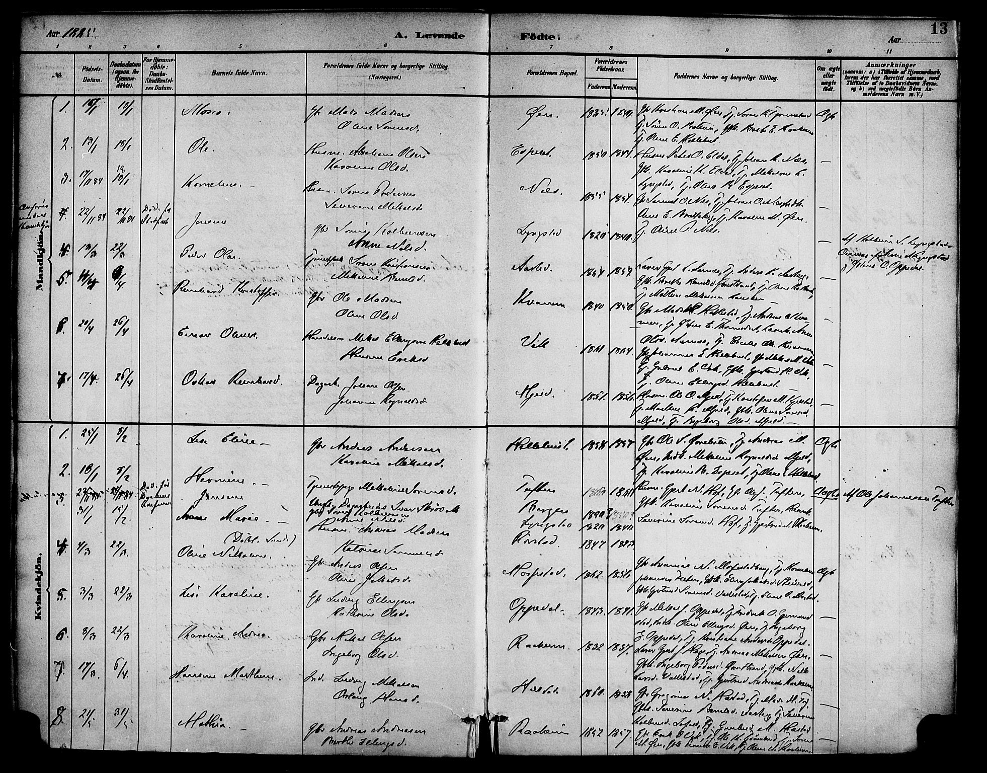 Gaular sokneprestembete, AV/SAB-A-80001/H/Haa: Parish register (official) no. D 1, 1882-1899, p. 13