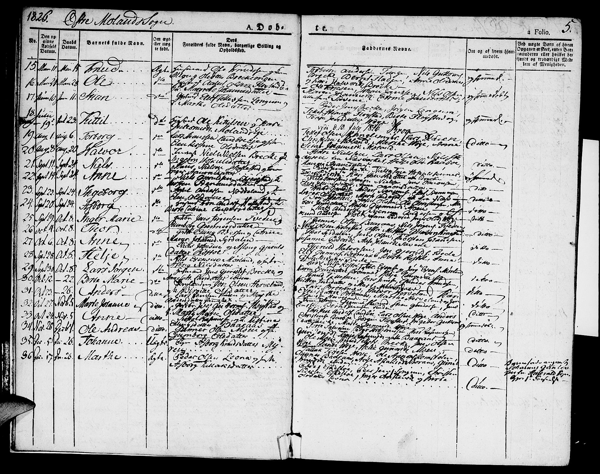 Austre Moland sokneprestkontor, AV/SAK-1111-0001/F/Fa/Faa/L0005: Parish register (official) no. A 5, 1825-1837, p. 5