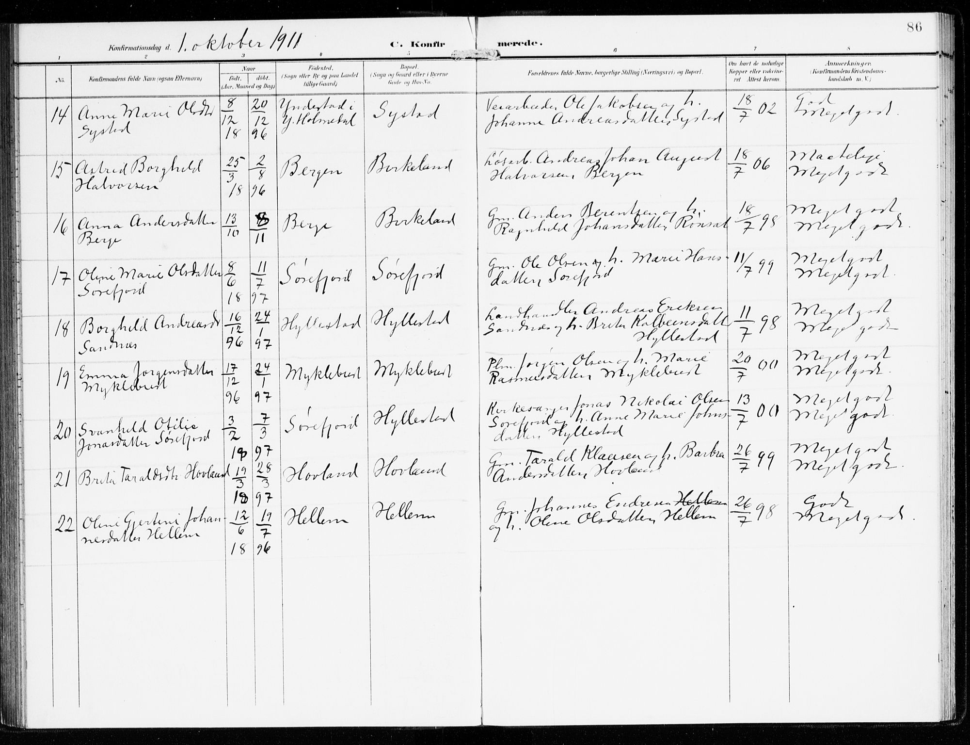 Hyllestad sokneprestembete, AV/SAB-A-80401: Parish register (official) no. B 2, 1903-1917, p. 86