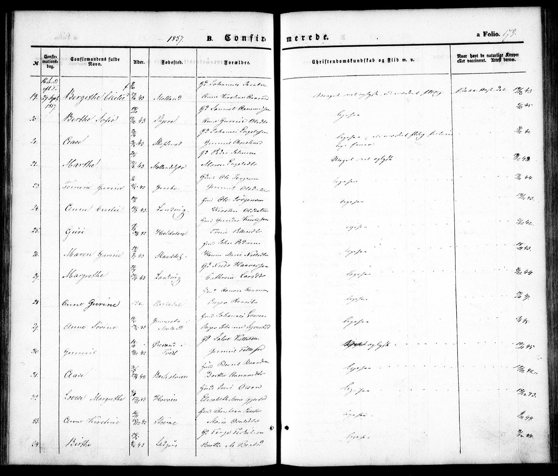 Hommedal sokneprestkontor, AV/SAK-1111-0023/F/Fa/Fab/L0004: Parish register (official) no. A 4, 1848-1860, p. 179