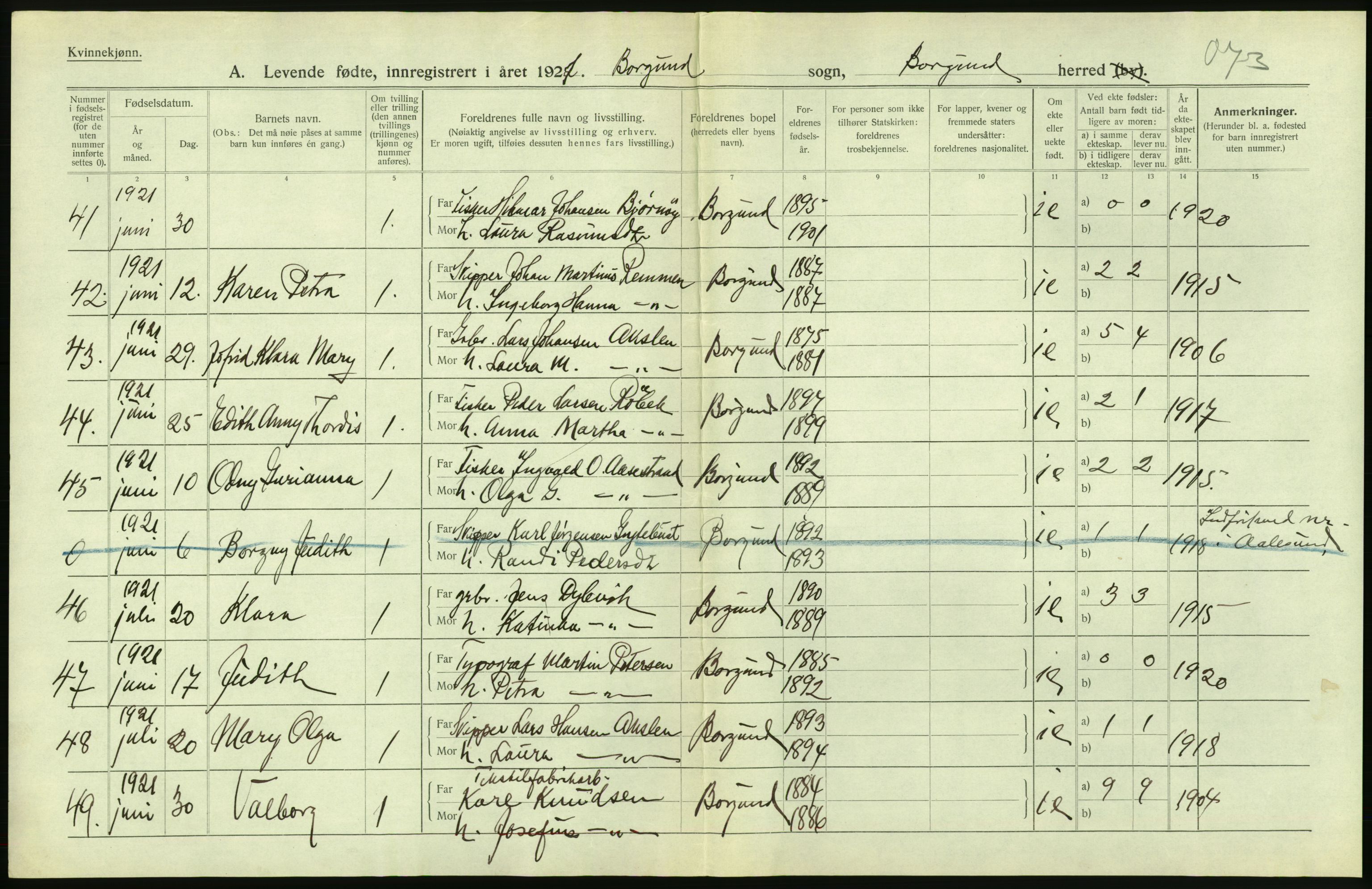 Statistisk sentralbyrå, Sosiodemografiske emner, Befolkning, AV/RA-S-2228/D/Df/Dfc/Dfca/L0040: Møre fylke: Levendefødte menn og kvinner. Bygder., 1921, p. 302