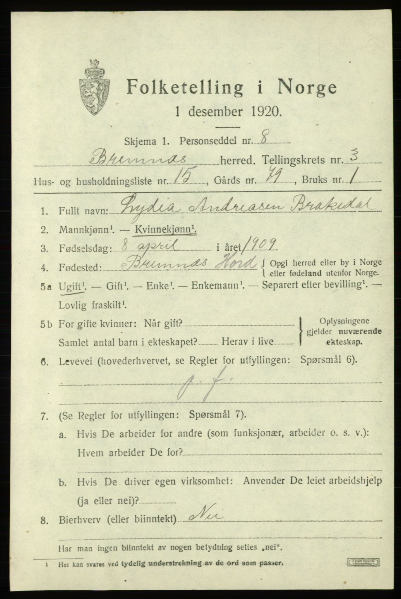 SAB, 1920 census for Bremnes, 1920, p. 1754