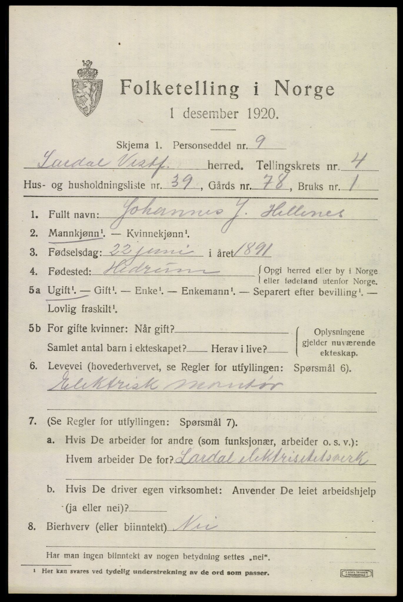 SAKO, 1920 census for Lardal, 1920, p. 4013