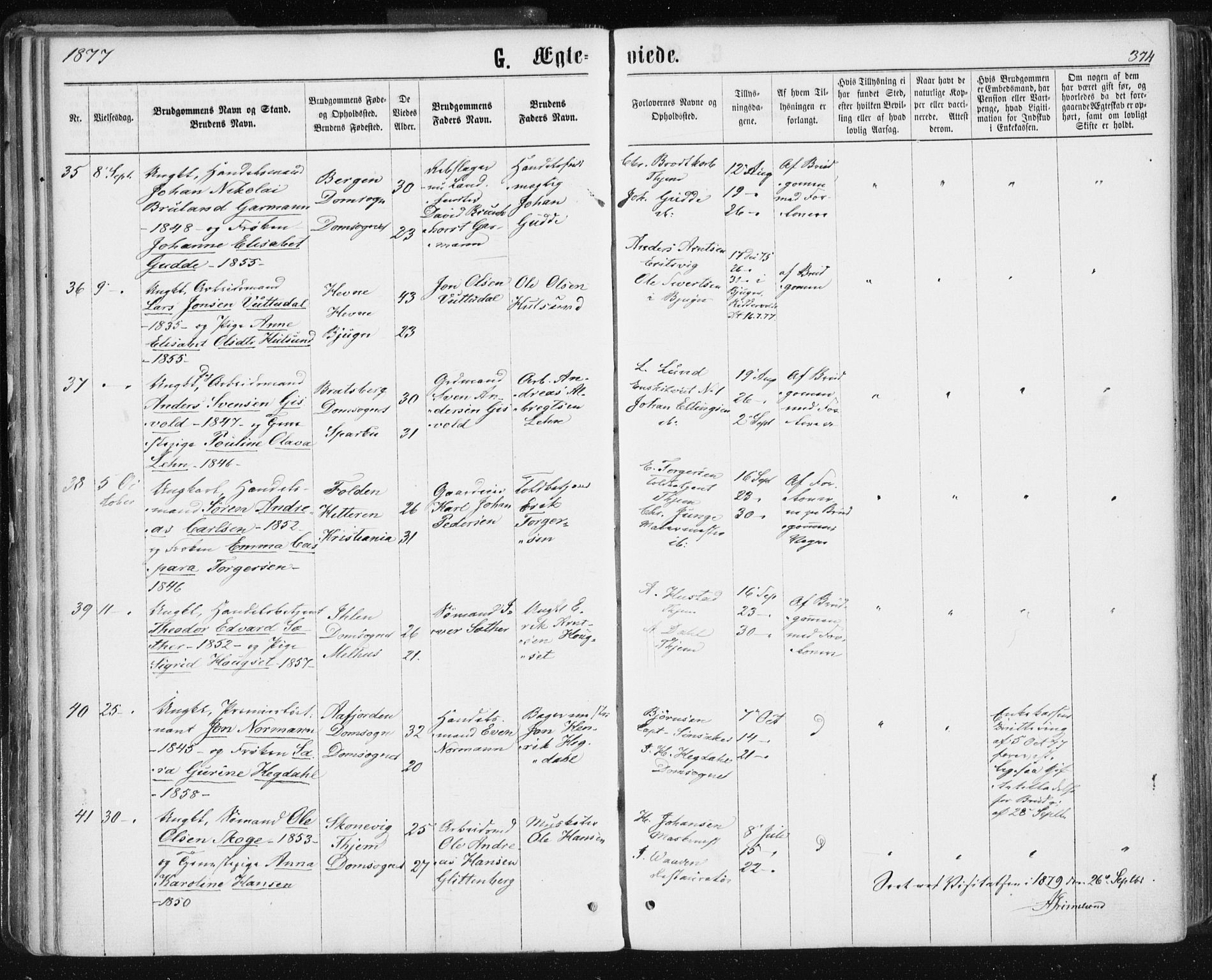 Ministerialprotokoller, klokkerbøker og fødselsregistre - Sør-Trøndelag, SAT/A-1456/601/L0055: Parish register (official) no. 601A23, 1866-1877, p. 374