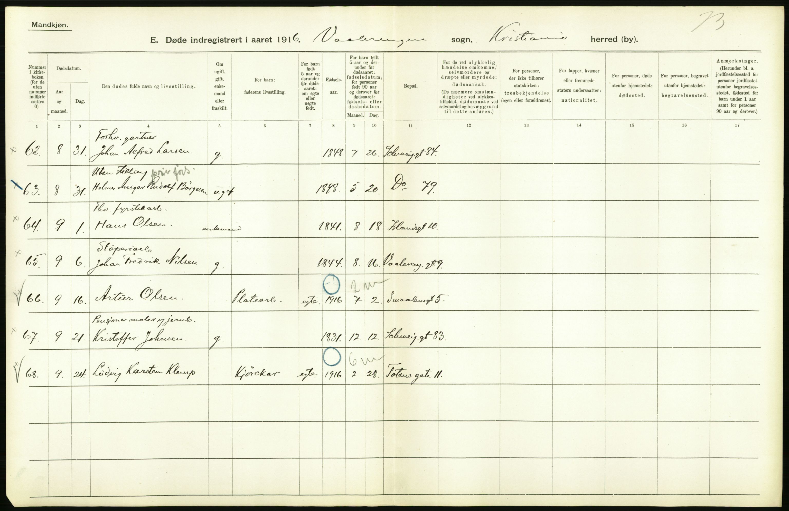 Statistisk sentralbyrå, Sosiodemografiske emner, Befolkning, AV/RA-S-2228/D/Df/Dfb/Dfbf/L0009: Kristiania: Døde., 1916, p. 374