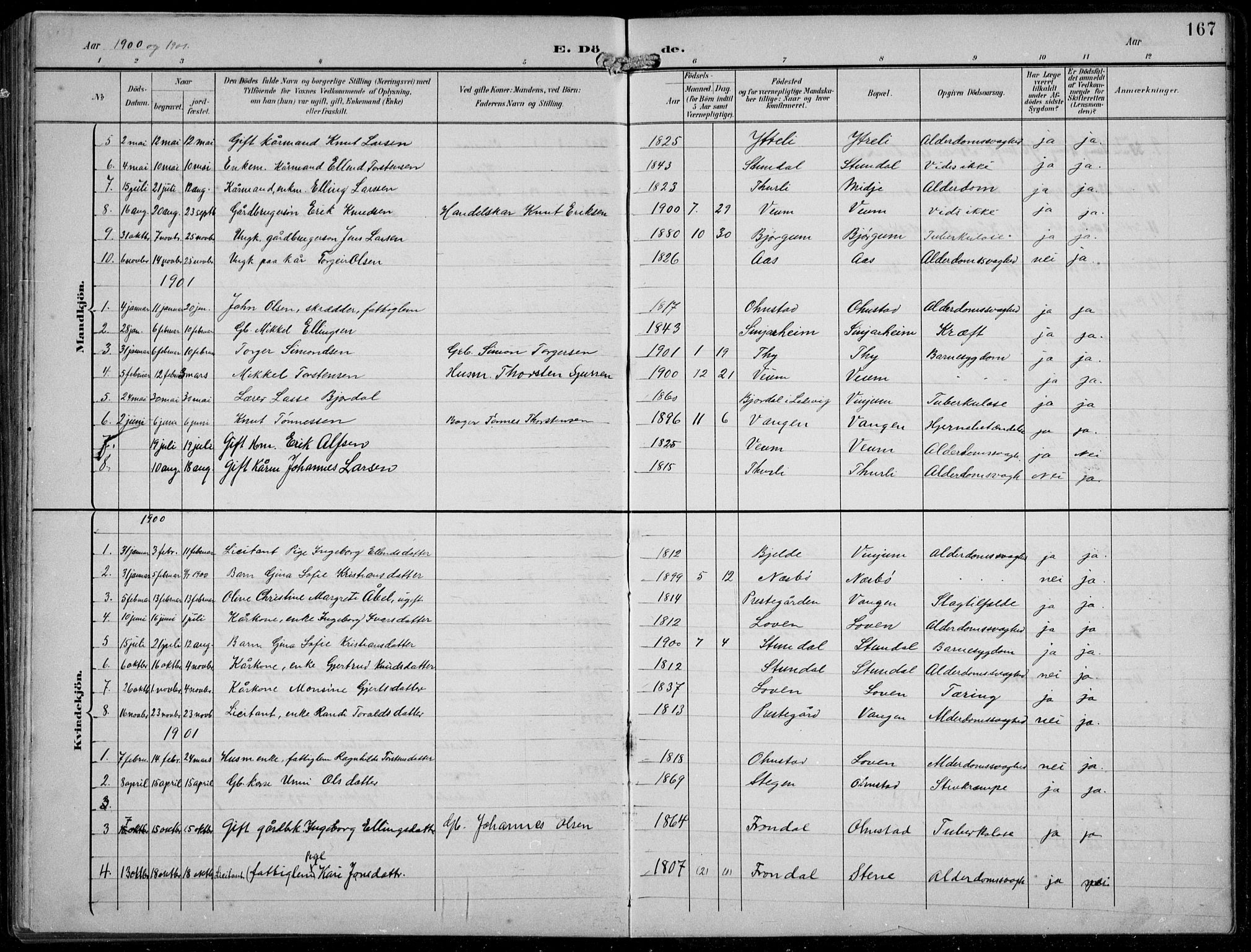 Aurland sokneprestembete, SAB/A-99937/H/Hb/Hba/L0003: Parish register (copy) no. A 3, 1896-1939, p. 167