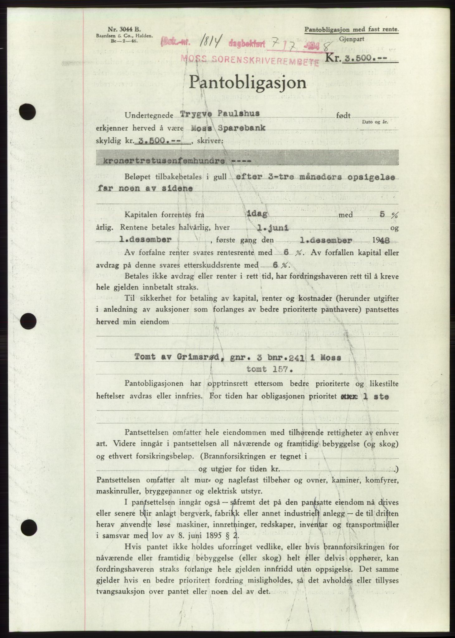 Moss sorenskriveri, AV/SAO-A-10168: Mortgage book no. B20, 1948-1948, Diary no: : 1814/1948