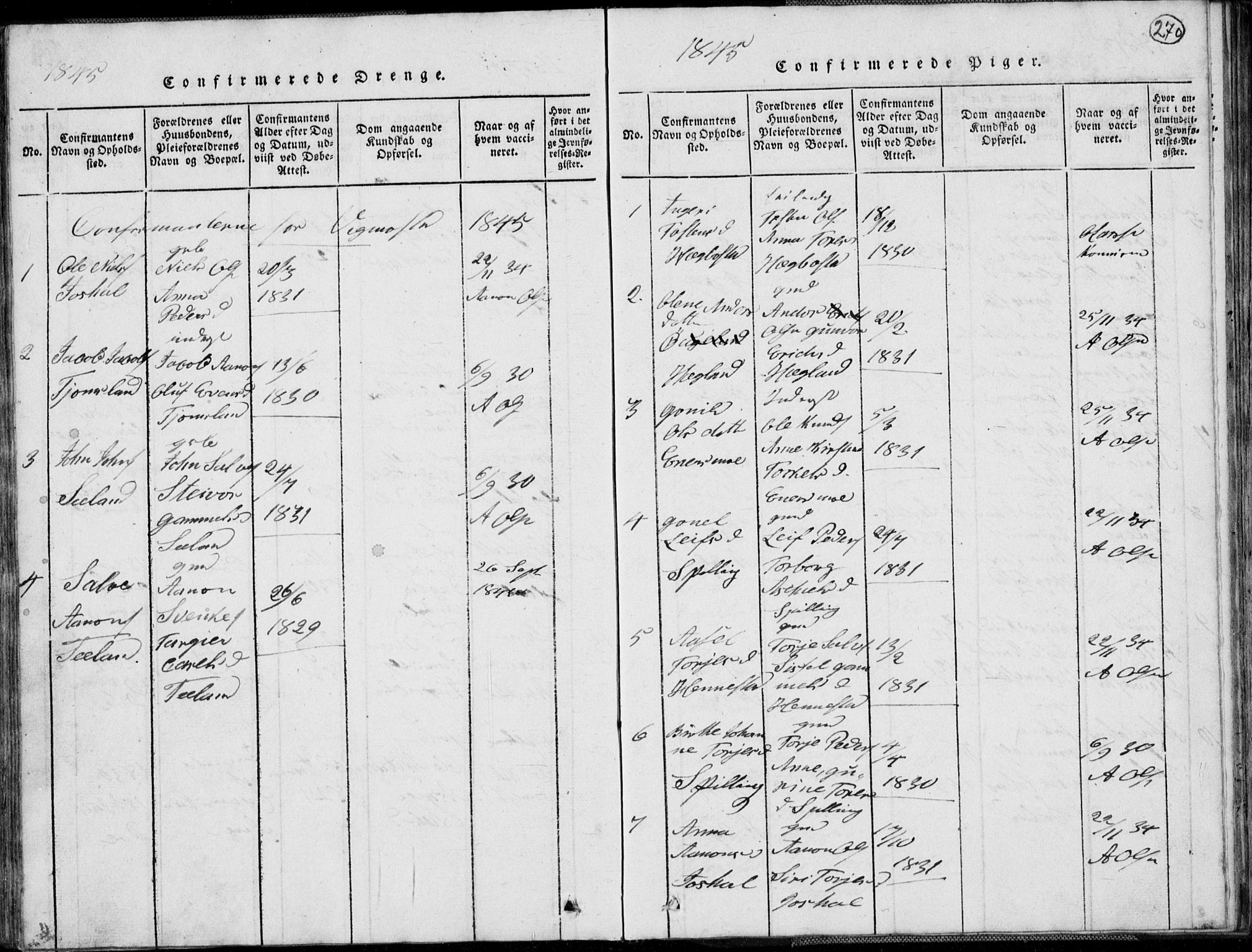 Nord-Audnedal sokneprestkontor, SAK/1111-0032/F/Fb/Fbb/L0001: Parish register (copy) no. B 1, 1816-1858, p. 270