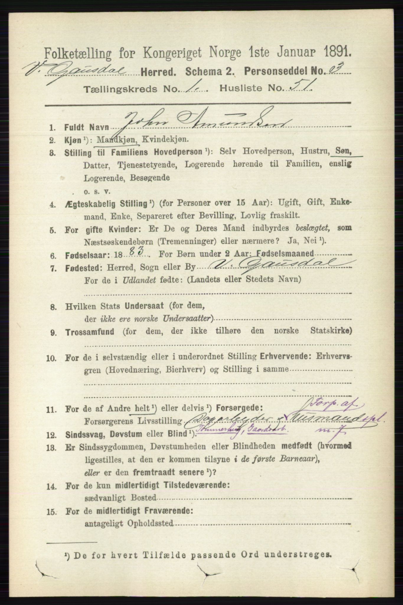 RA, 1891 census for 0523 Vestre Gausdal, 1891, p. 358