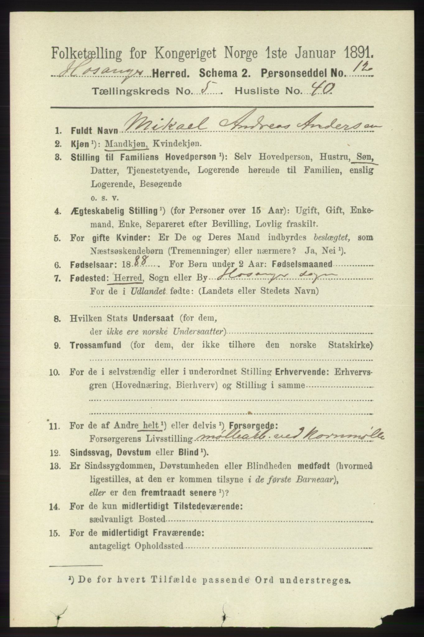 RA, 1891 census for 1253 Hosanger, 1891, p. 2076