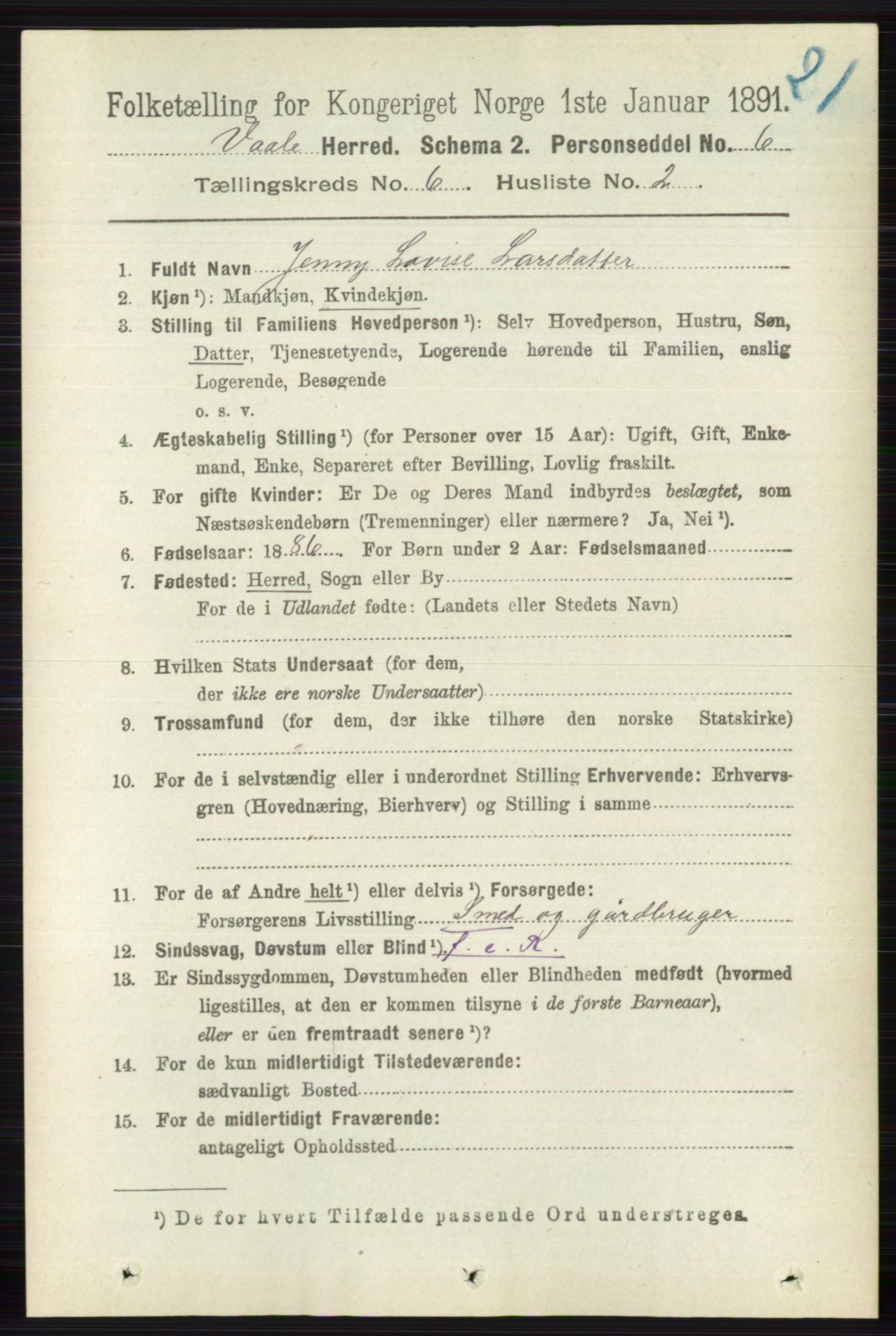 RA, 1891 census for 0716 Våle, 1891, p. 1791