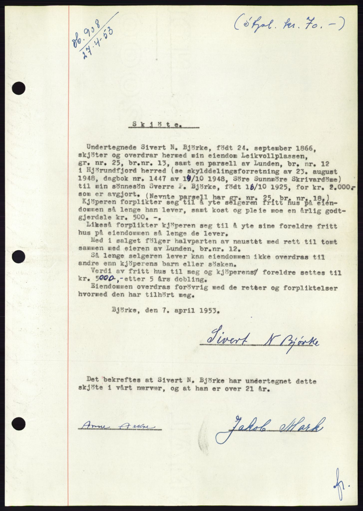 Søre Sunnmøre sorenskriveri, AV/SAT-A-4122/1/2/2C/L0094: Mortgage book no. 20A, 1953-1953, Diary no: : 908/1953