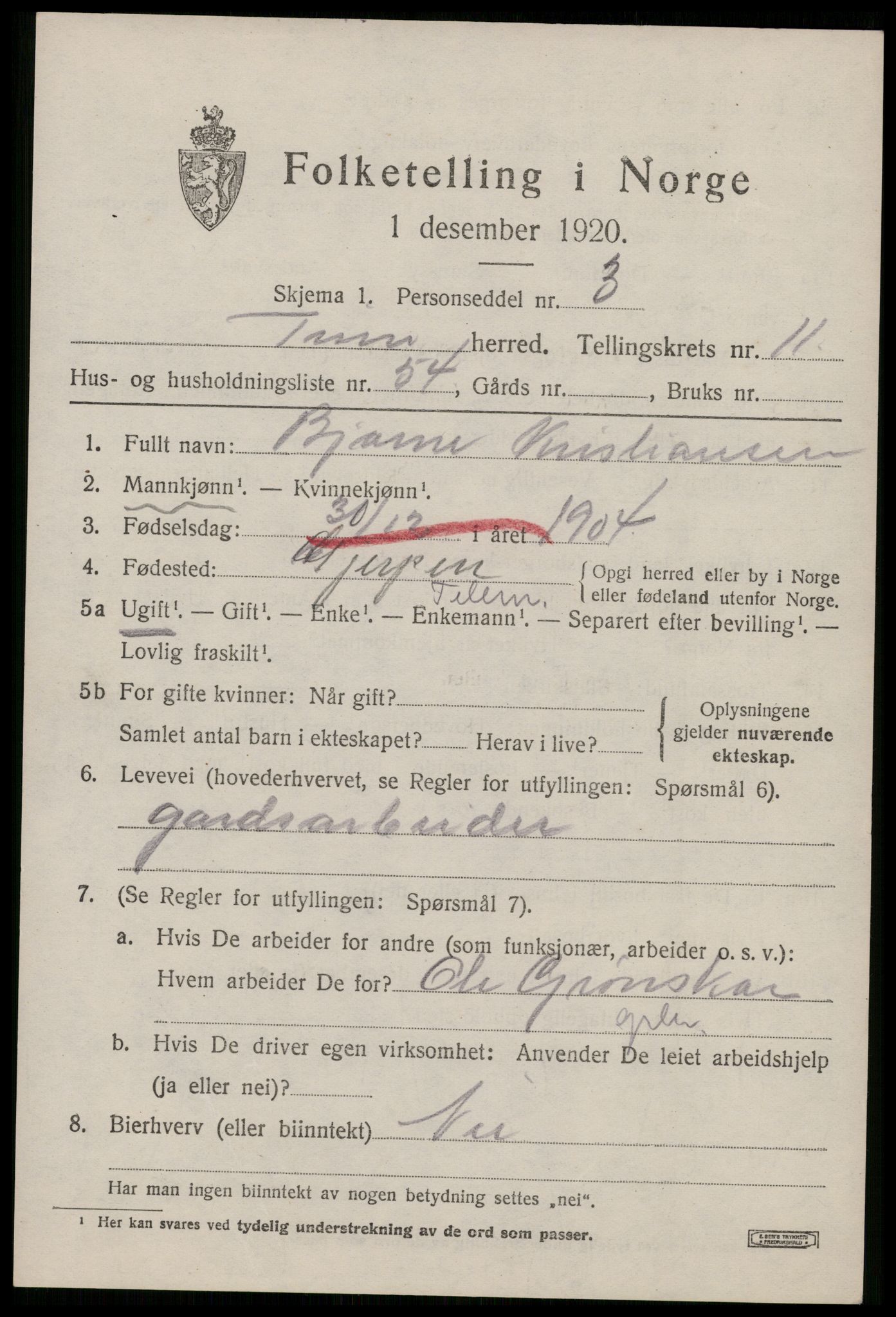 SAKO, 1920 census for Tinn, 1920, p. 7598