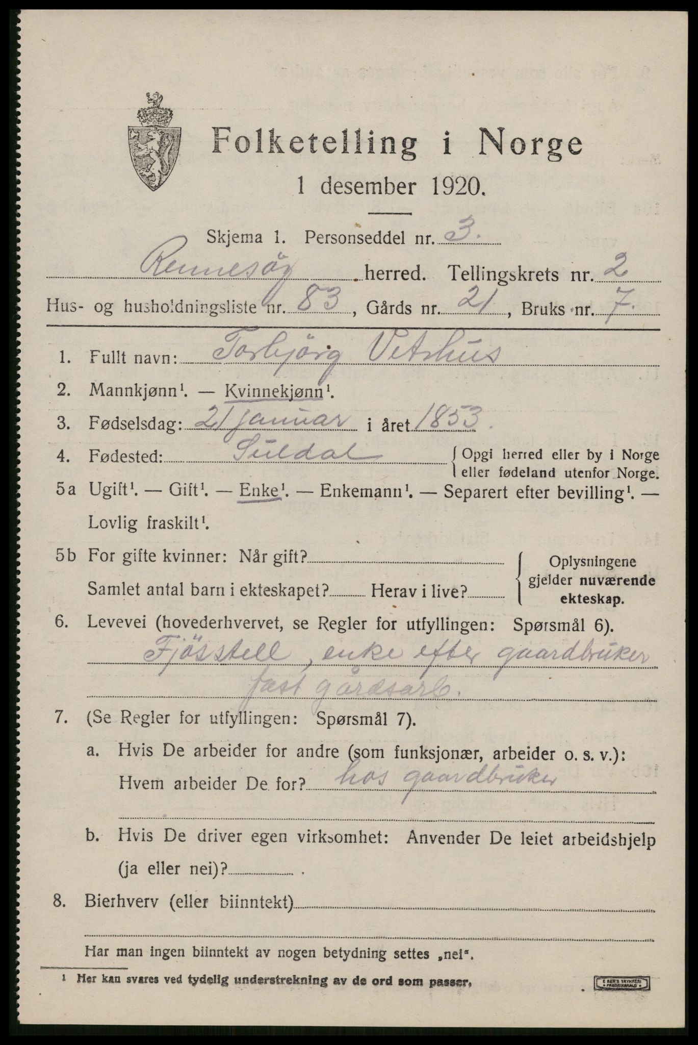 SAST, 1920 census for Rennesøy, 1920, p. 1930