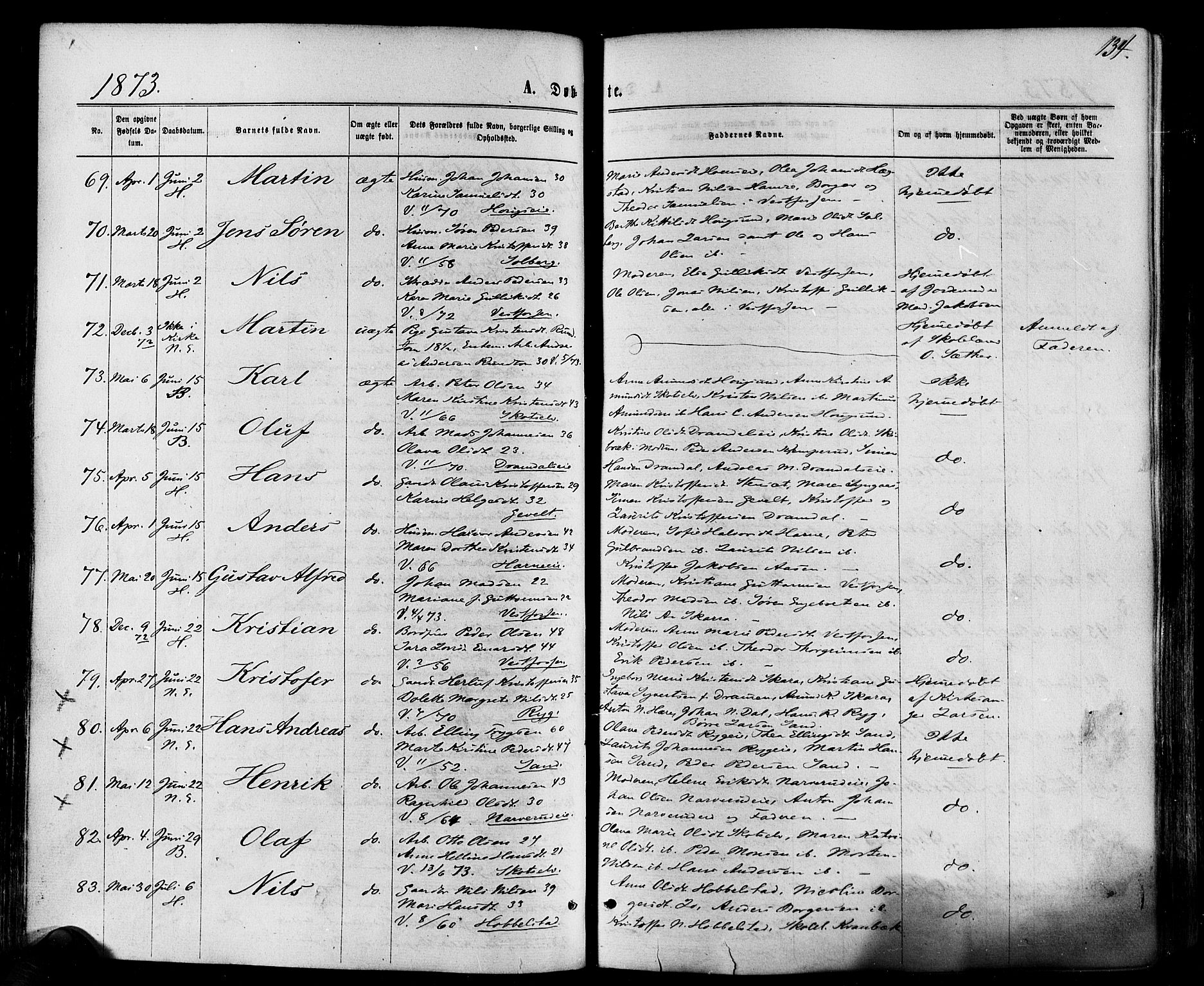 Eiker kirkebøker, SAKO/A-4/F/Fa/L0017: Parish register (official) no. I 17, 1869-1877, p. 134
