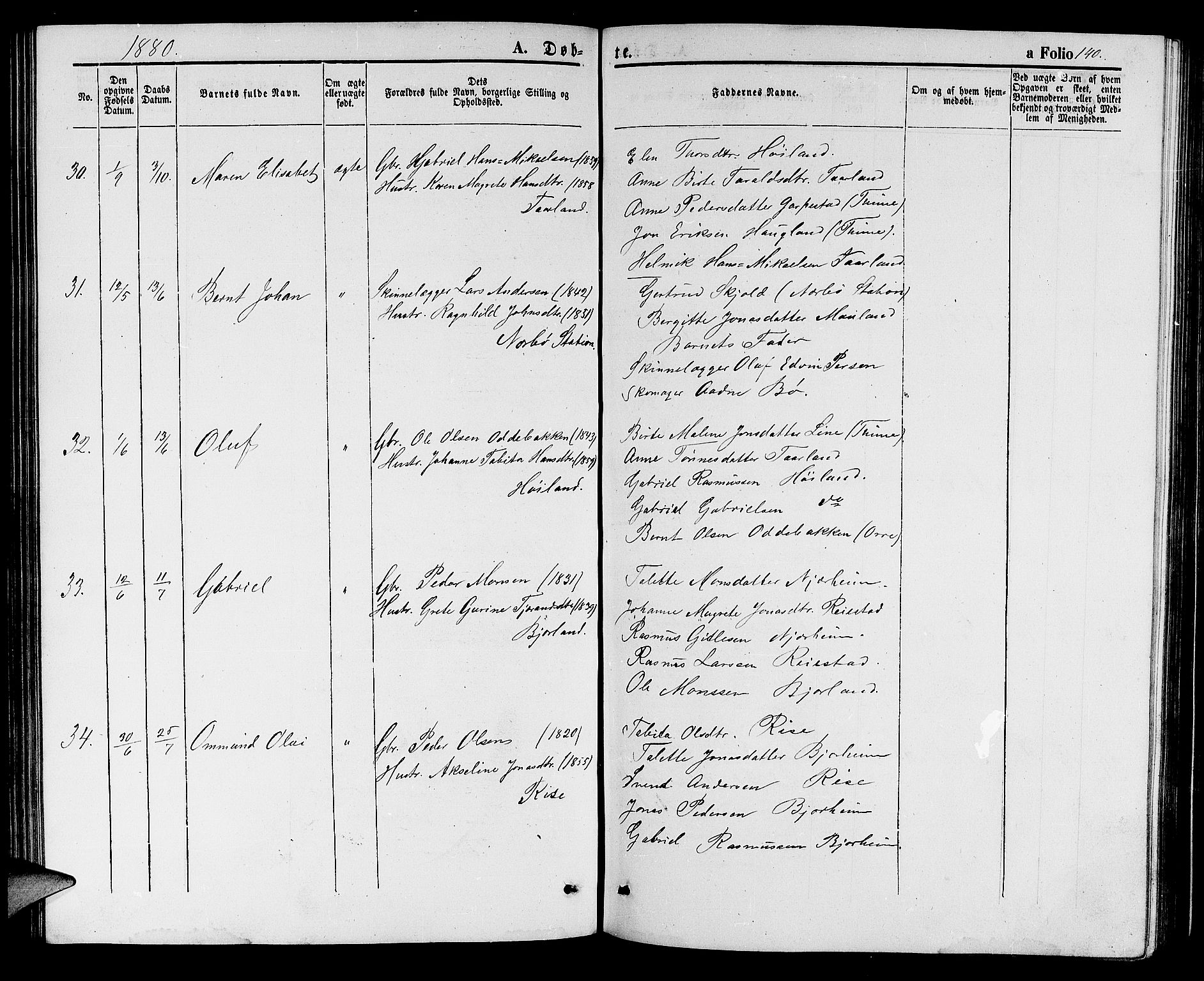 Hå sokneprestkontor, AV/SAST-A-101801/001/30BB/L0001: Parish register (copy) no. B 1, 1854-1883, p. 140