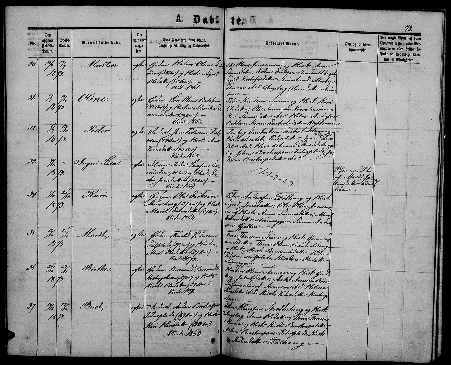 Alvdal prestekontor, AV/SAH-PREST-060/H/Ha/Hab/L0002: Parish register (copy) no. 2, 1863-1878, p. 72