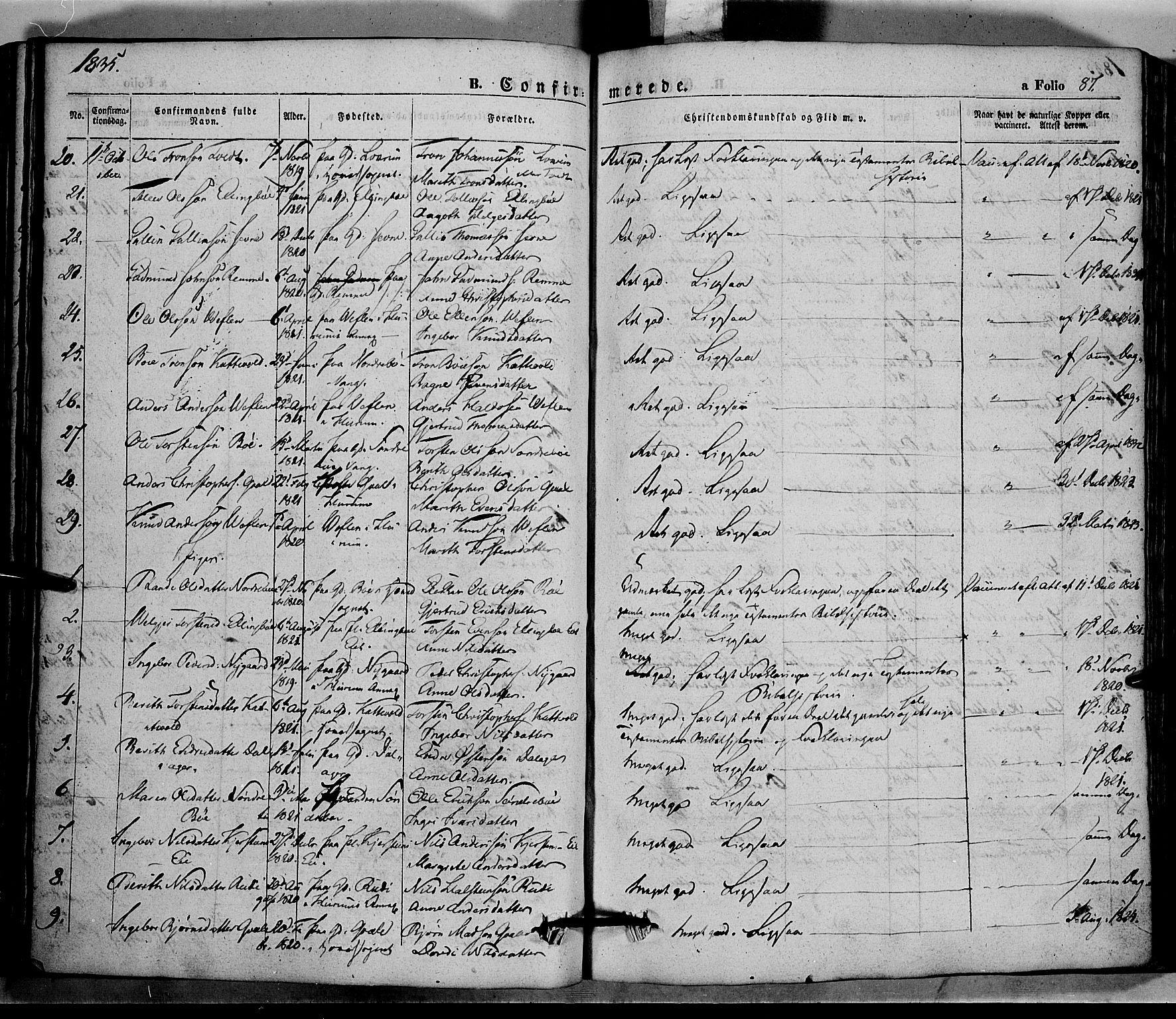 Vang prestekontor, Valdres, SAH/PREST-140/H/Ha/L0005: Parish register (official) no. 5, 1831-1845, p. 87