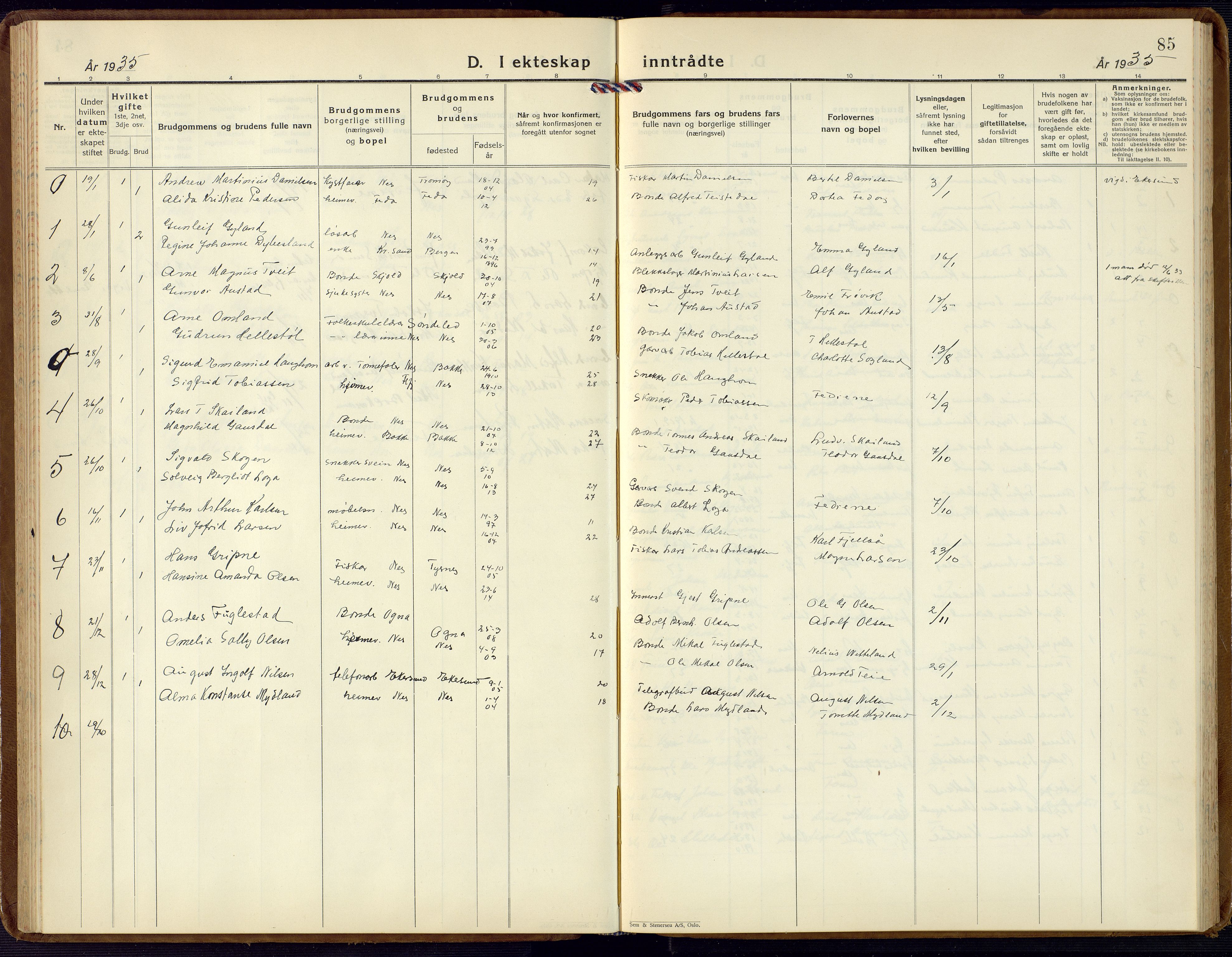 Flekkefjord sokneprestkontor, AV/SAK-1111-0012/F/Fb/Fbc/L0009: Parish register (copy) no. B 9, 1932-1965, p. 85