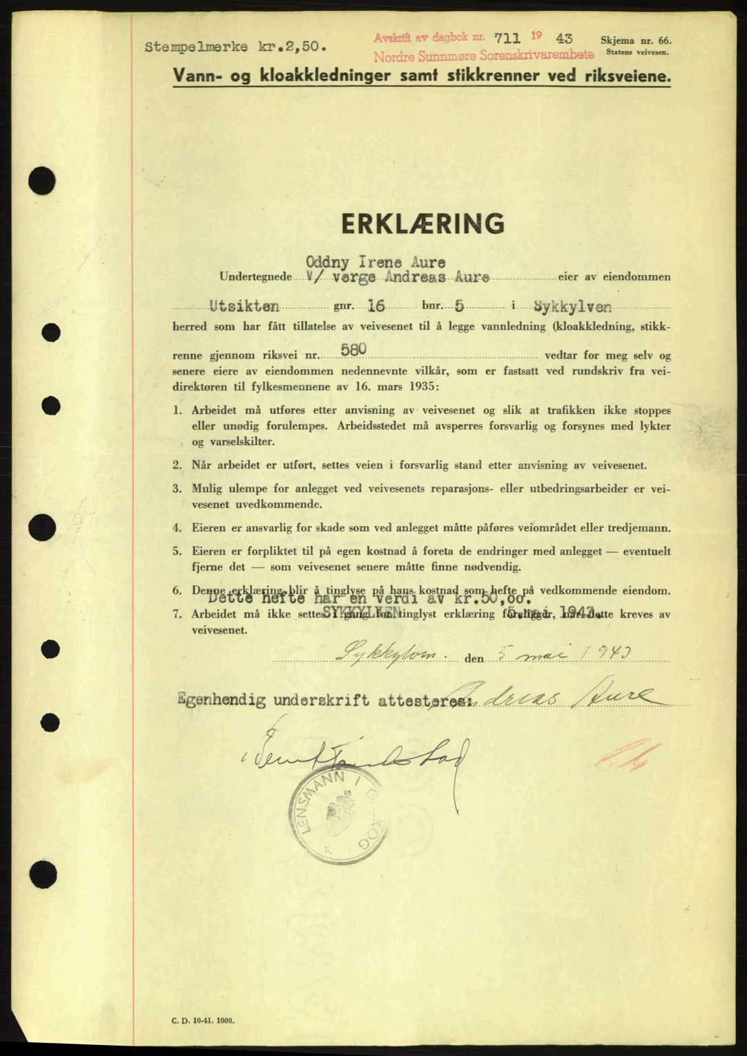 Nordre Sunnmøre sorenskriveri, AV/SAT-A-0006/1/2/2C/2Ca: Mortgage book no. A15, 1942-1943, Diary no: : 711/1943