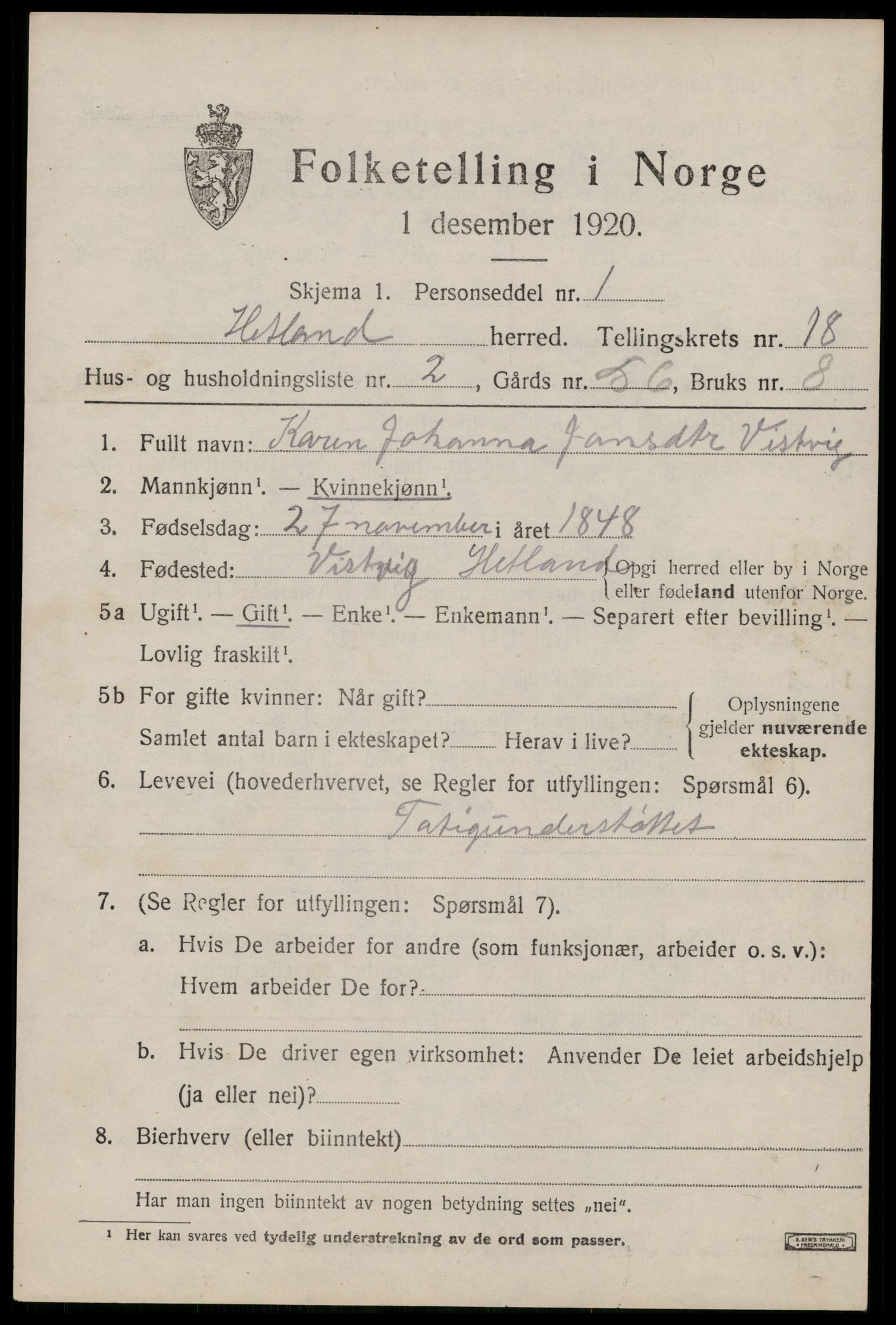 SAST, 1920 census for Hetland, 1920, p. 25113