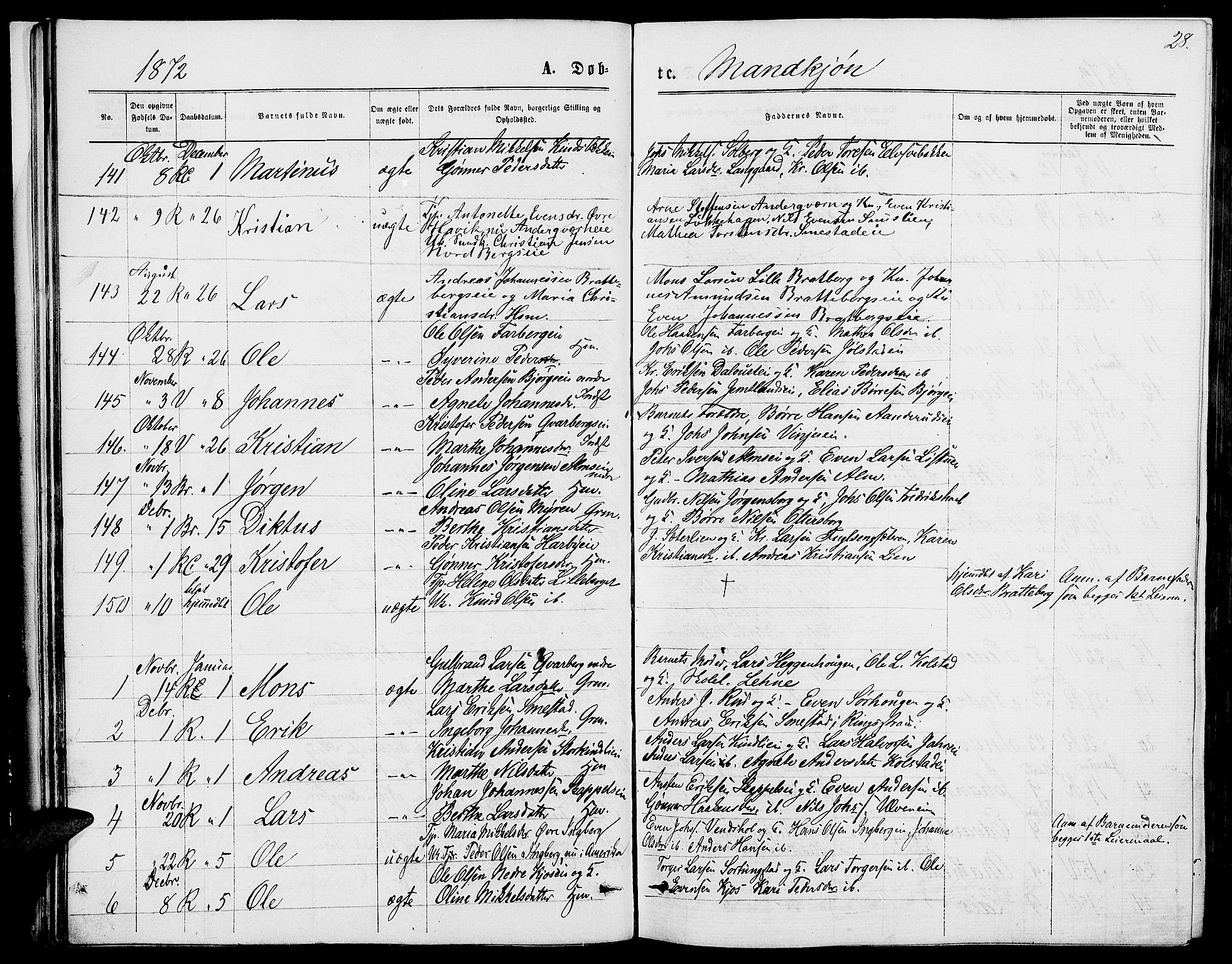 Ringsaker prestekontor, AV/SAH-PREST-014/L/La/L0008: Parish register (copy) no. 8, 1870-1878, p. 28