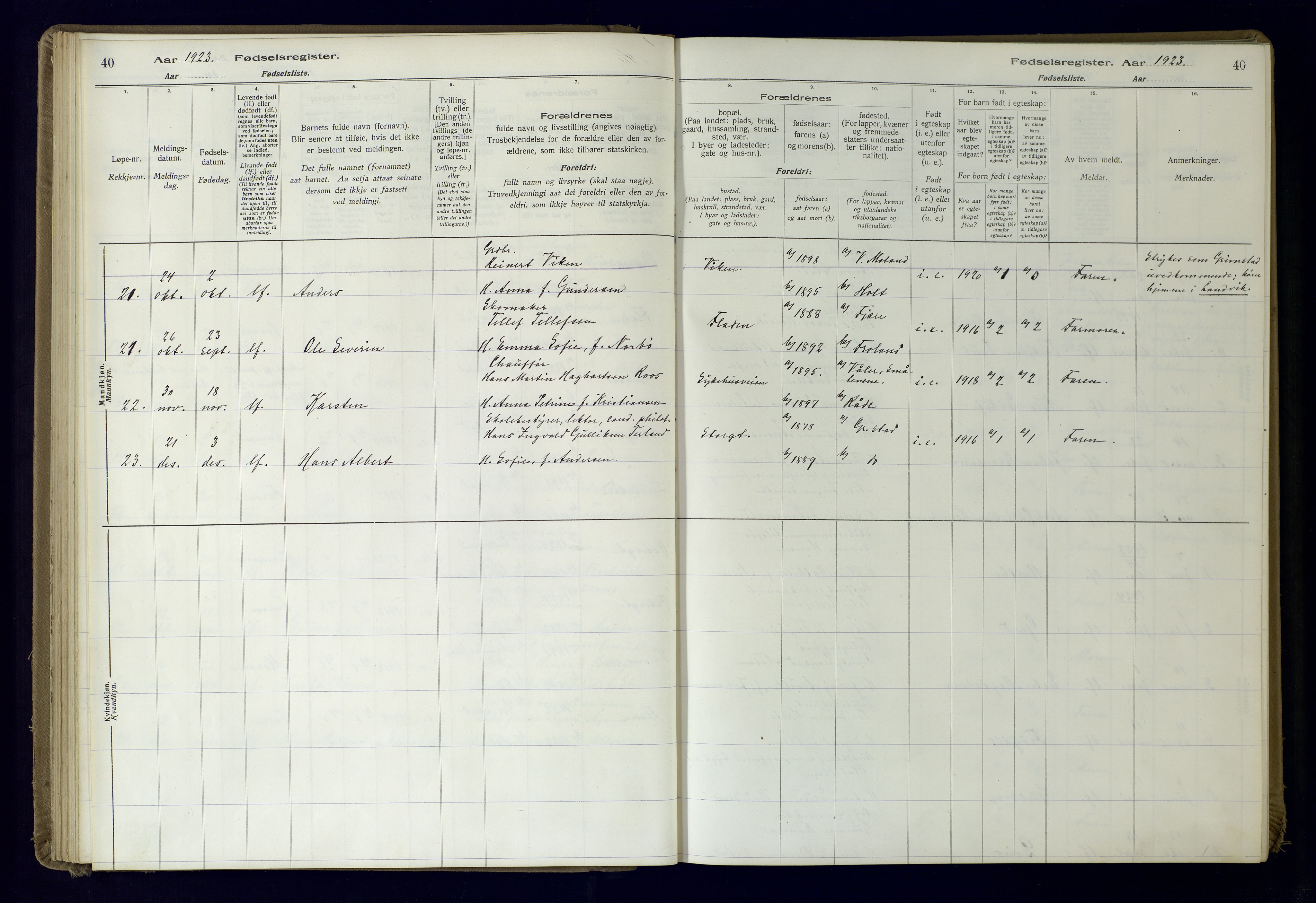 Grimstad sokneprestkontor, AV/SAK-1111-0017/J/Ja/L0001: Birth register no. 1, 1916-1960, p. 40