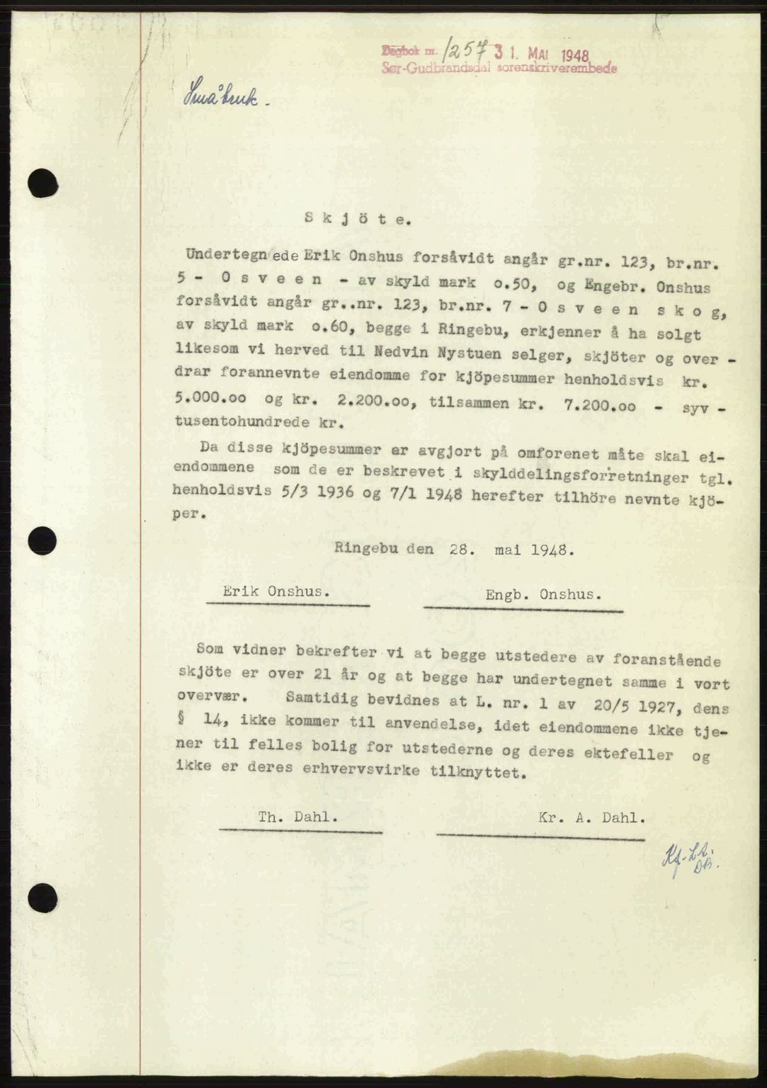 Sør-Gudbrandsdal tingrett, SAH/TING-004/H/Hb/Hbd/L0022: Mortgage book no. A22, 1948-1948, Diary no: : 1257/1948