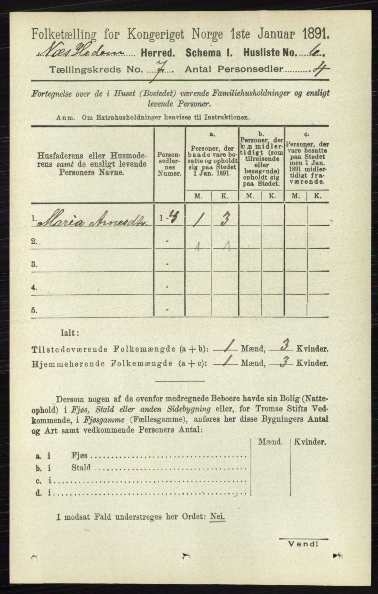 RA, 1891 census for 0411 Nes, 1891, p. 3834