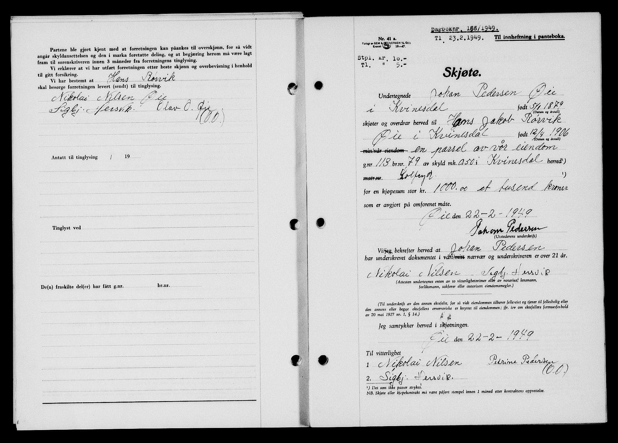 Flekkefjord sorenskriveri, AV/SAK-1221-0001/G/Gb/Gba/L0064: Mortgage book no. A-12, 1948-1949, Diary no: : 188/1949