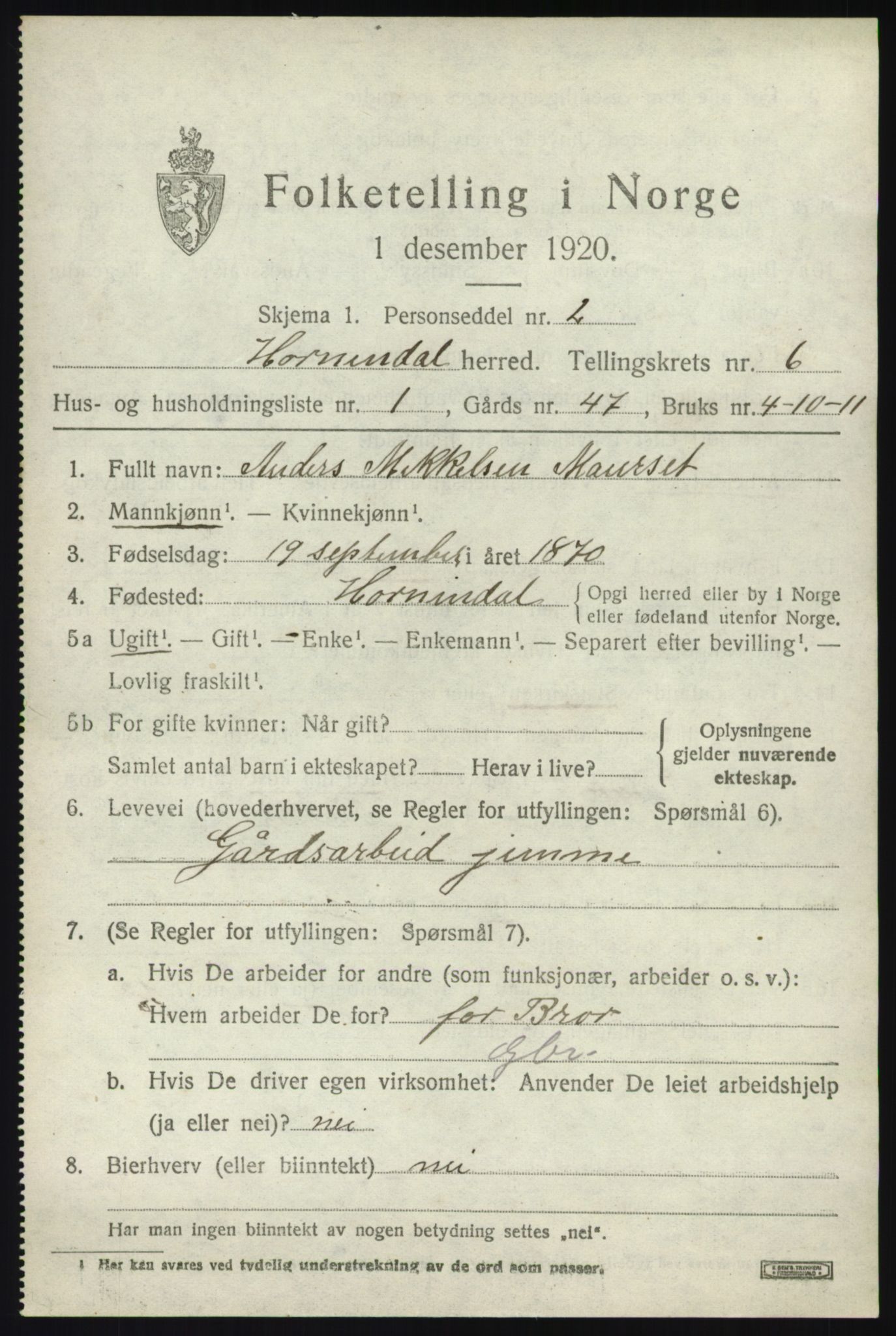 SAB, 1920 census for Hornindal, 1920, p. 3132