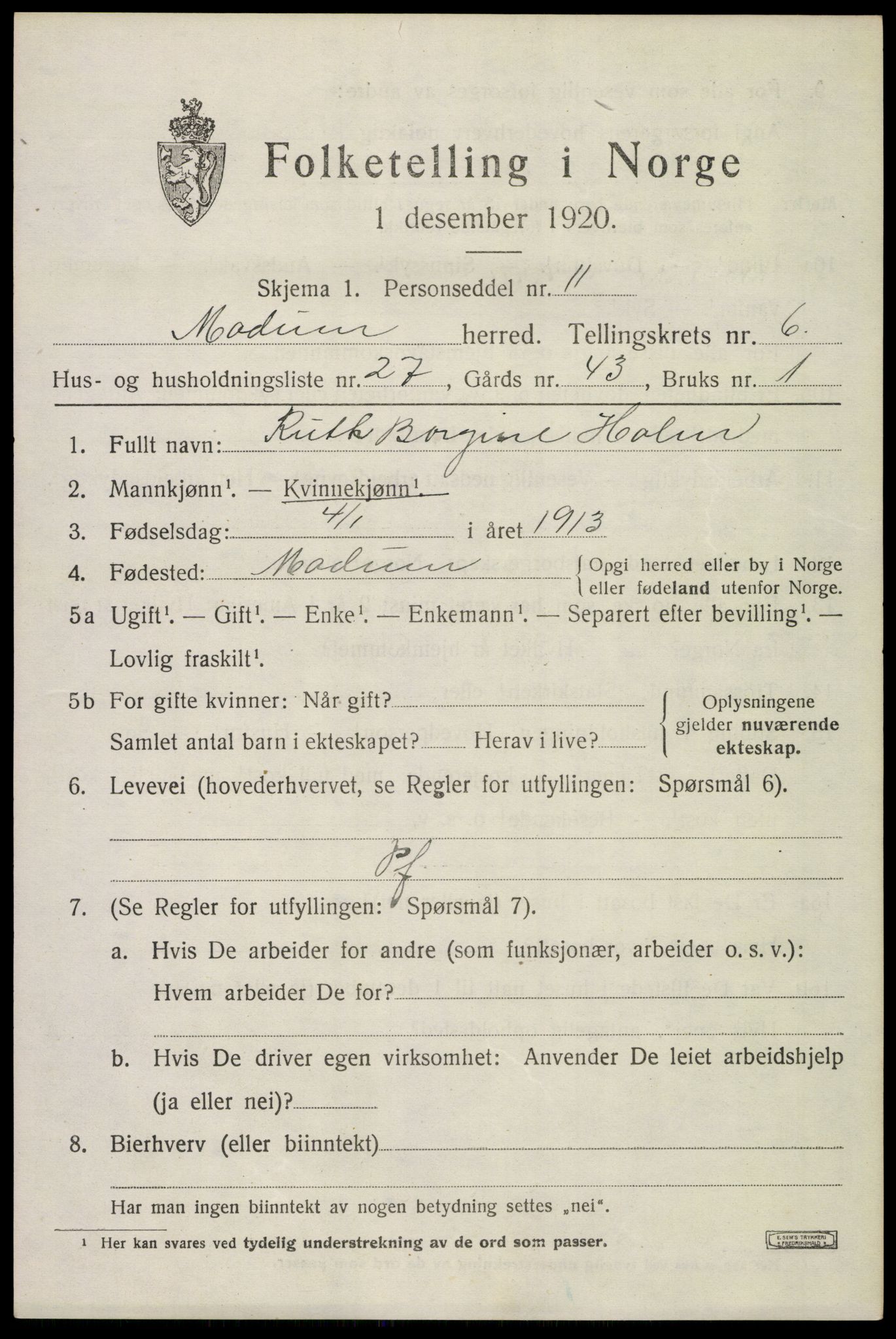 SAKO, 1920 census for Modum, 1920, p. 8995