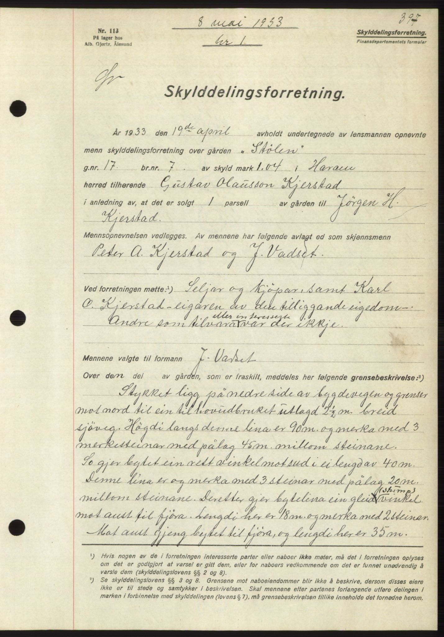 Nordre Sunnmøre sorenskriveri, AV/SAT-A-0006/1/2/2C/2Ca/L0052: Mortgage book no. 52, 1933-1933, Deed date: 08.05.1933