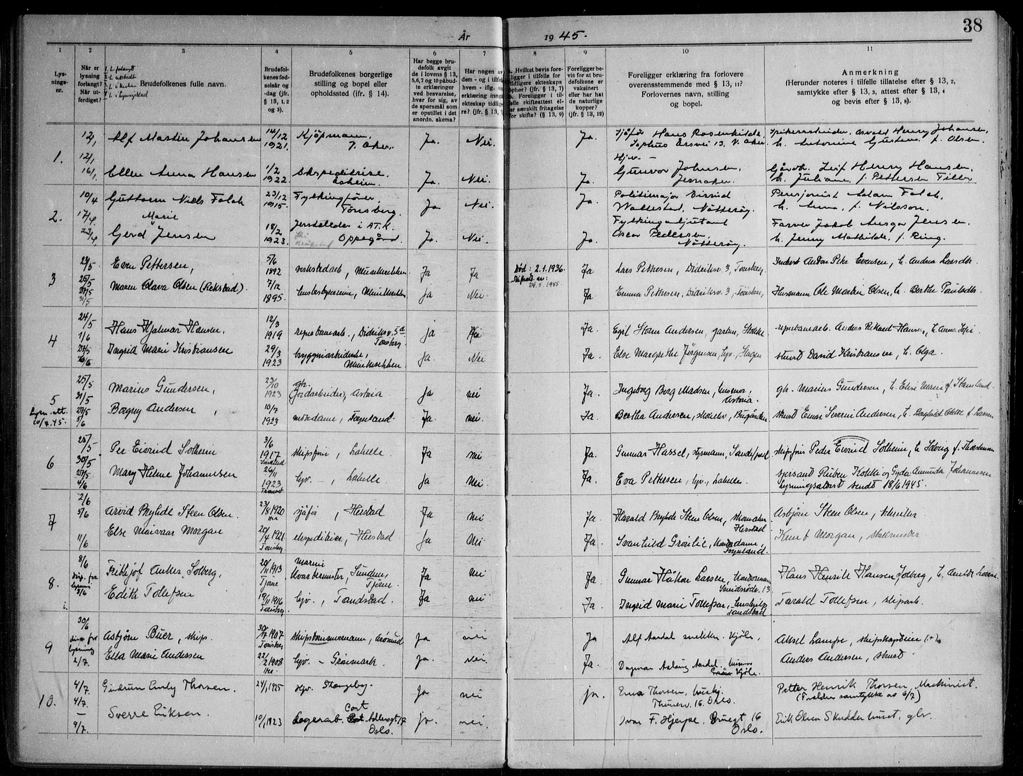 Nøtterøy kirkebøker, AV/SAKO-A-354/H/Ha/L0002: Banns register no. 2, 1937-1952, p. 38