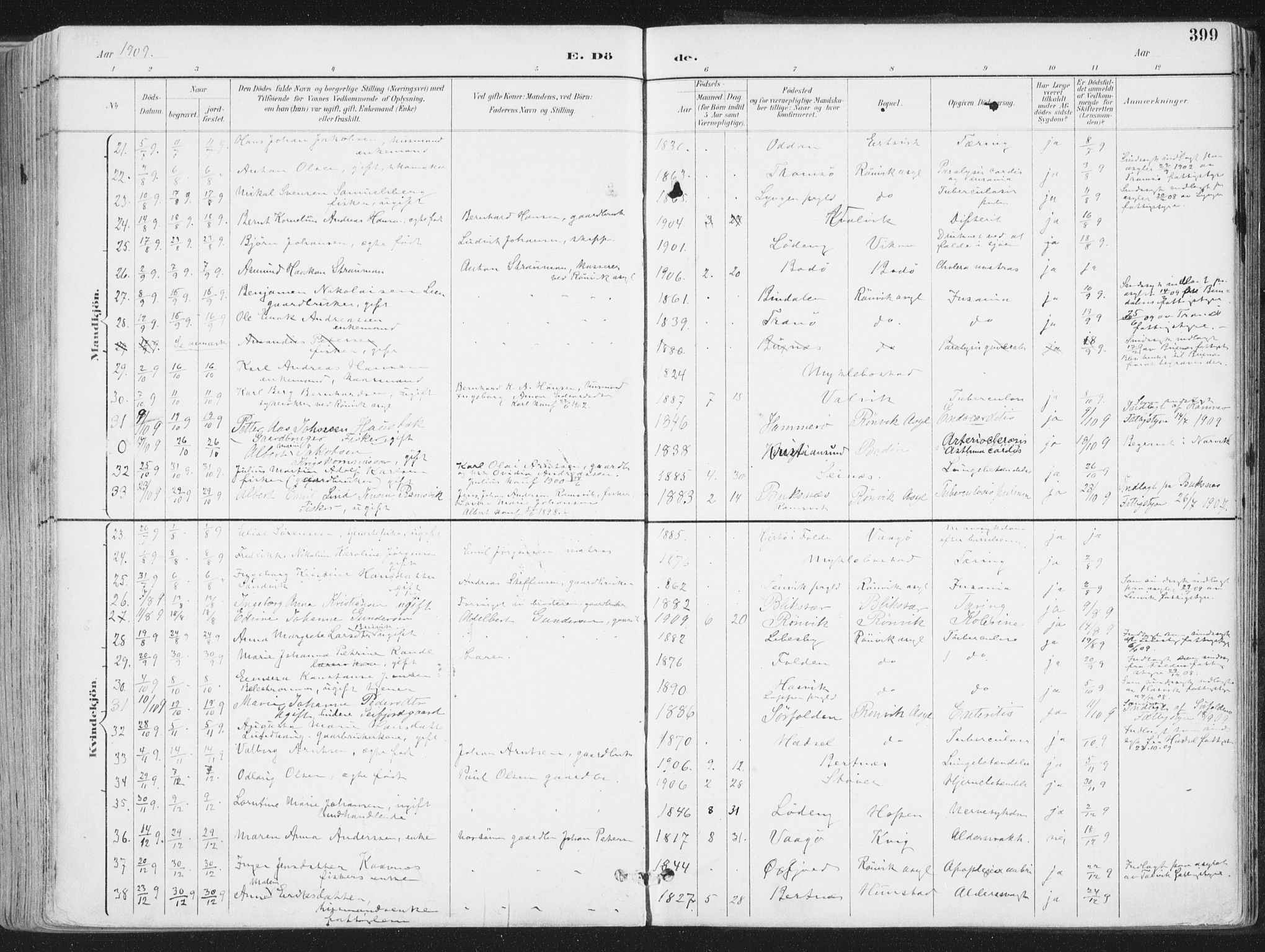 Ministerialprotokoller, klokkerbøker og fødselsregistre - Nordland, AV/SAT-A-1459/802/L0055: Parish register (official) no. 802A02, 1894-1915, p. 399